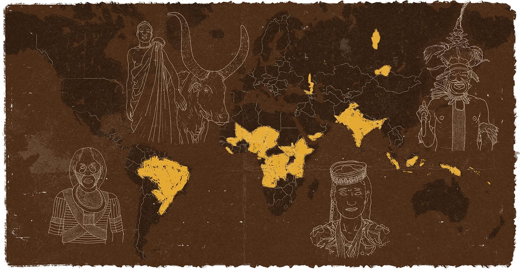 Mapa mundi estilizado com os países destacados onde há viagens etnográficas com Arca Jornadas