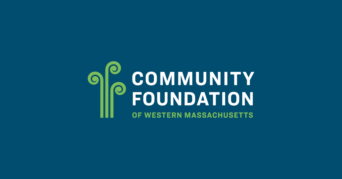 The logo of the Community Foundation of Western Massachusetts featuring a stylized green tree on a blue background, with the organization's name in white and green text.