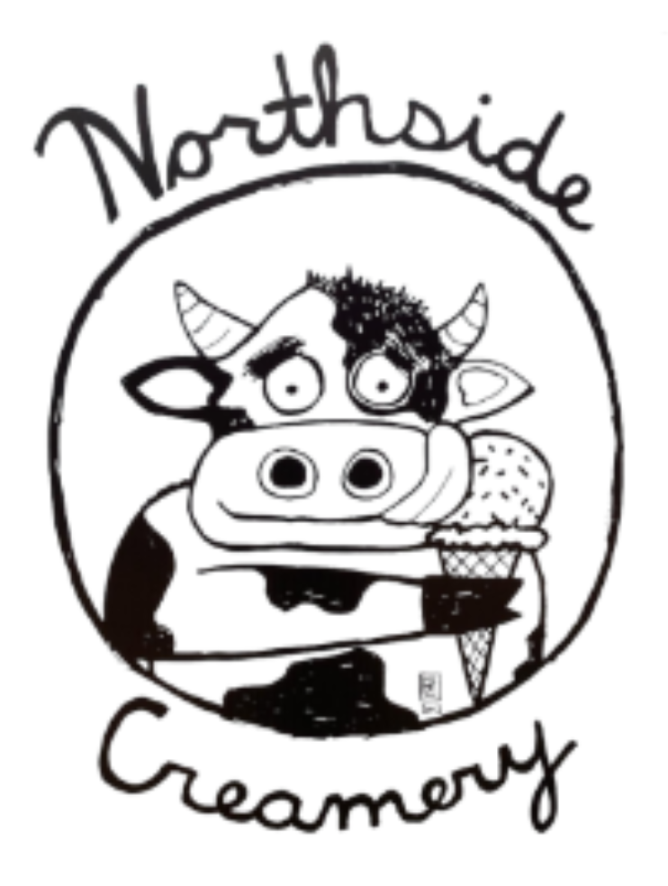 Hand-drawn logo with a cute cartoon cow holding an ice cream cone, surrounded by a circular border. Top reads 'Northside', and bottom reads 'Creamery'.