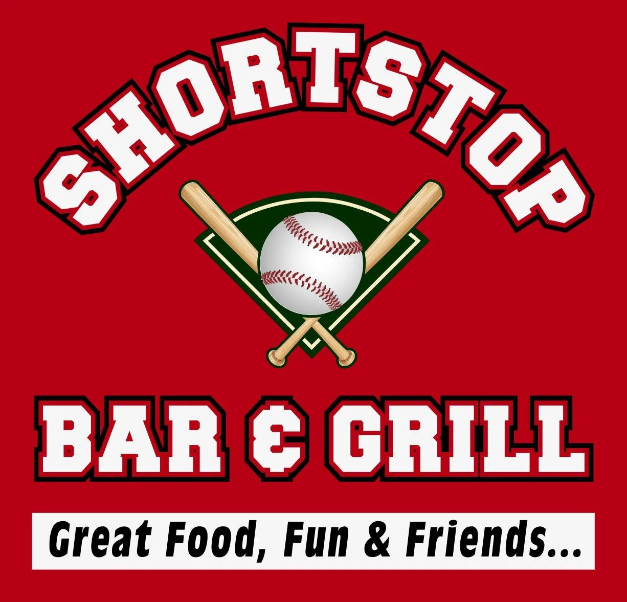 Logo for ShootsTop Bar & Grill featuring baseball and bat graphics on a red background with white and black outlines.