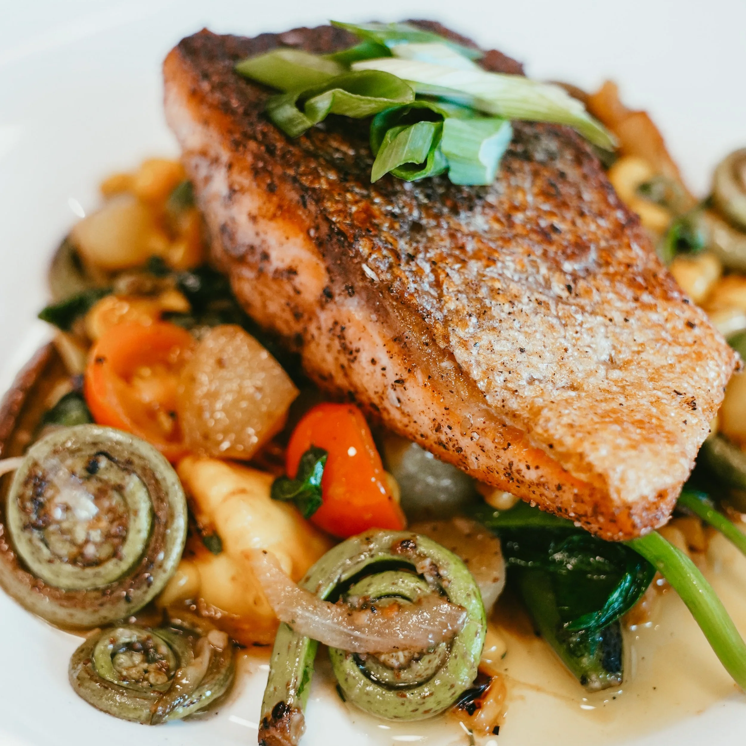 All Water Seafood & Oyster Bar King Salmon with Fiddlehead Ferns
