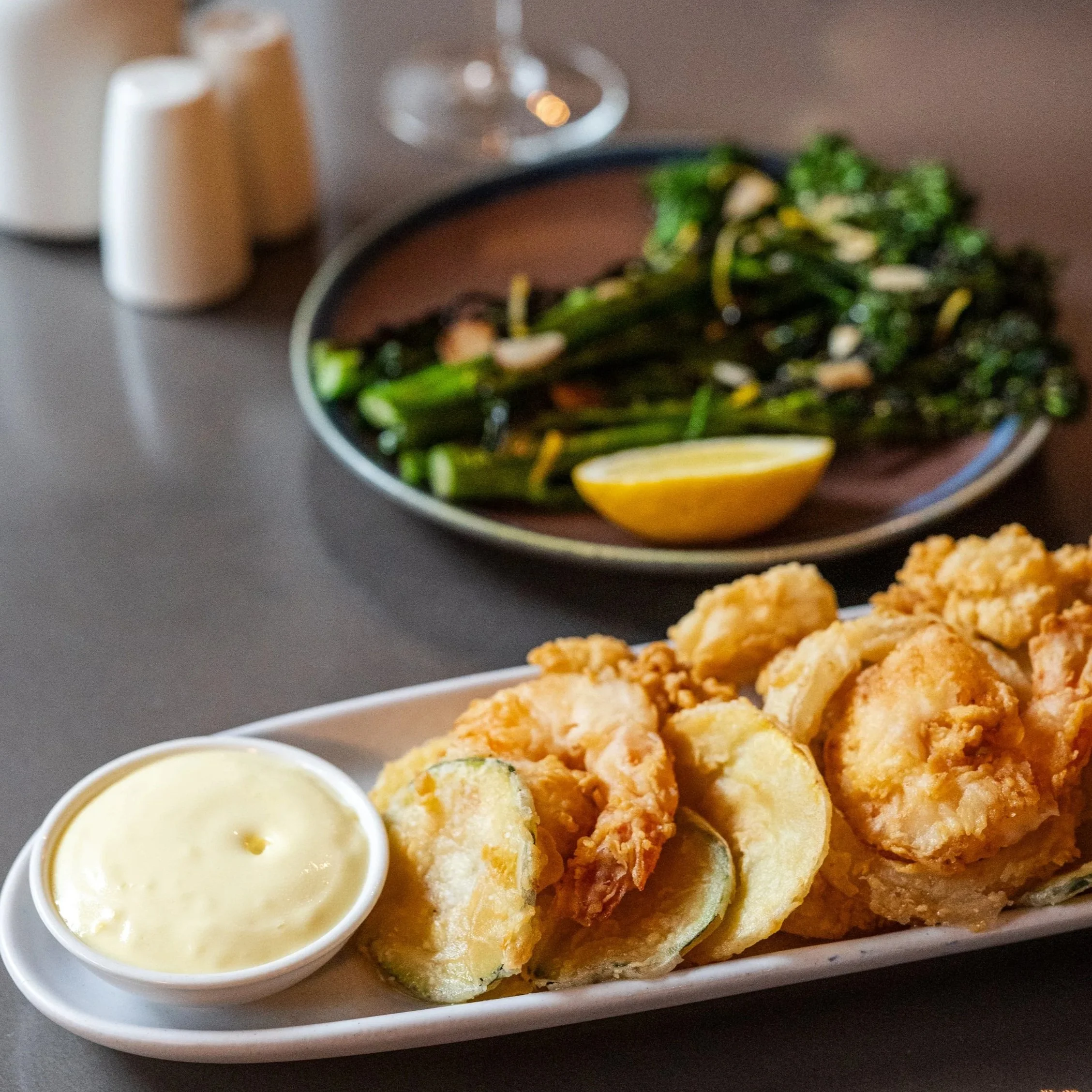 All Water Seafood & Oyster Bar Fritto Misto and Charred Broccolini