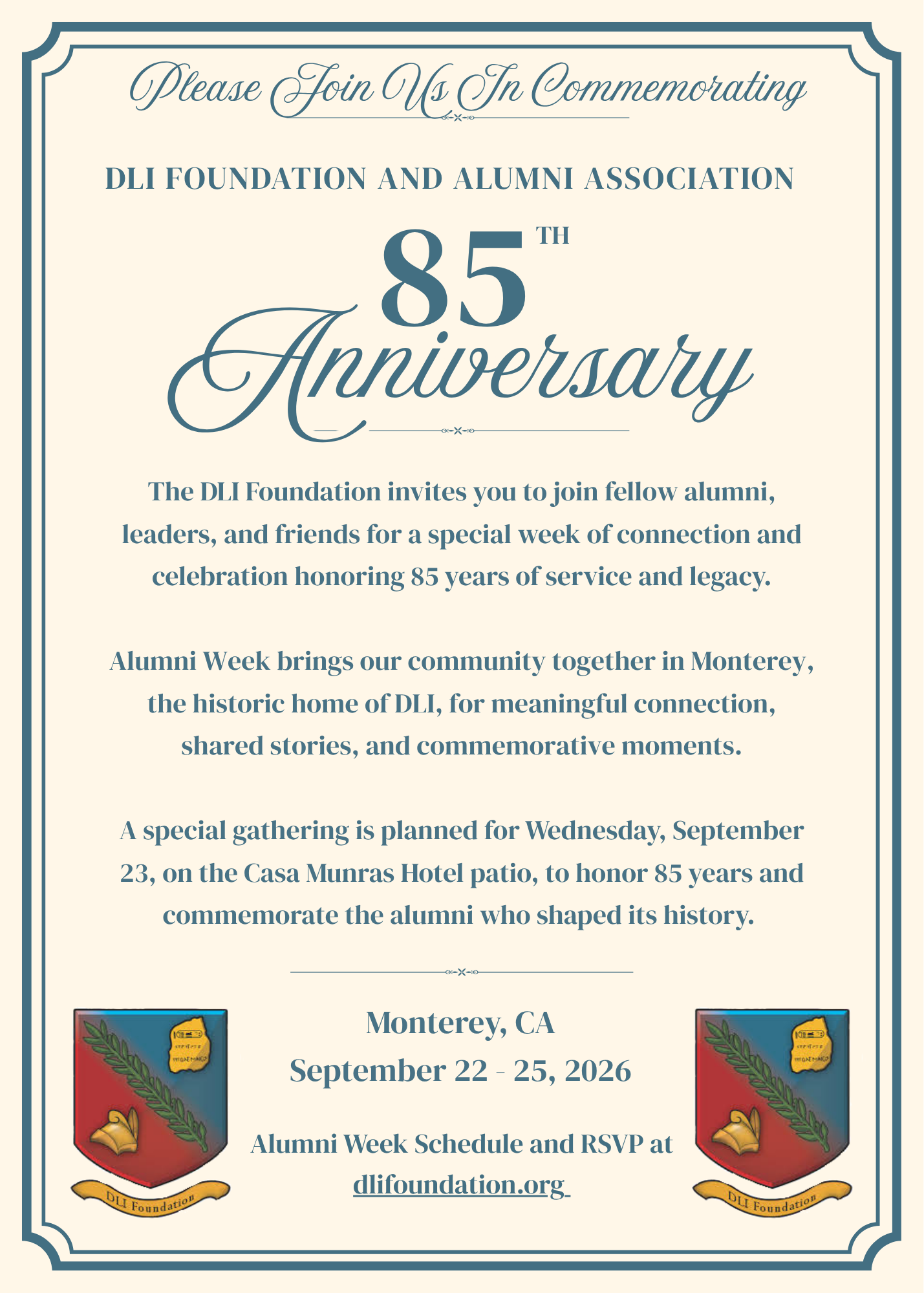 DLI Foundation and Alumni Association 85th Anniversary Invitation