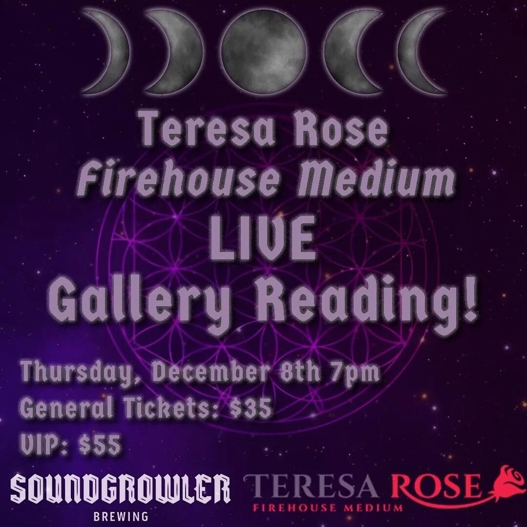Next Thursday at 7pm! We invite you to a LIVE GALLERY READING with Firehouse Medium Teresa Rose! 🔮

Tickets and more information can be found at the Firehouse Medium website.