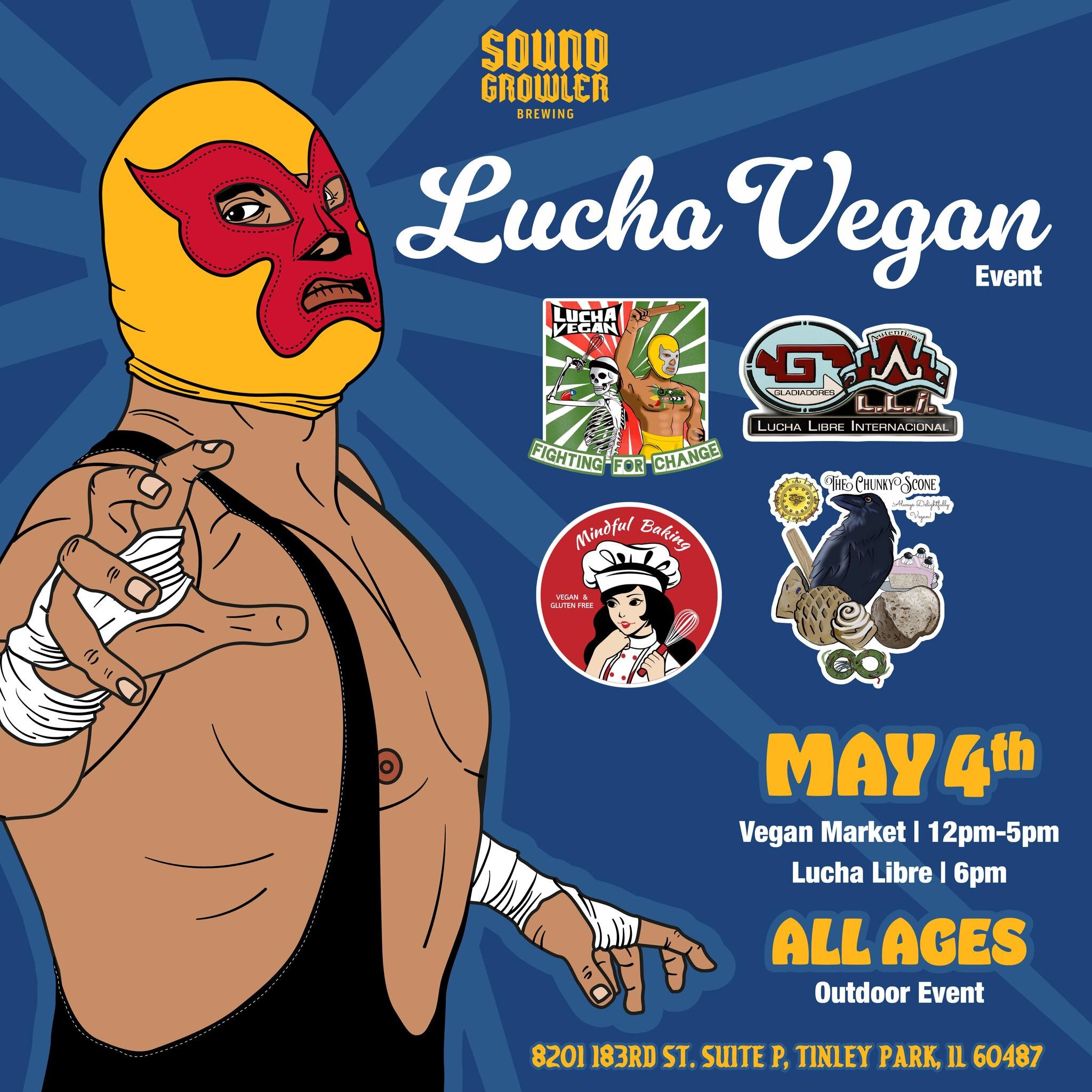 Get ready for the ultimate fusion of fun, flavor, and flair at Soundgrowler Brewing! Presenting Lucha Vegan (@luchaveganllc) - a unique blend of Lucha Libre and Vegan Market magic! Join us Saturday May 4th for an unforgettable experience:
Vegan Marke