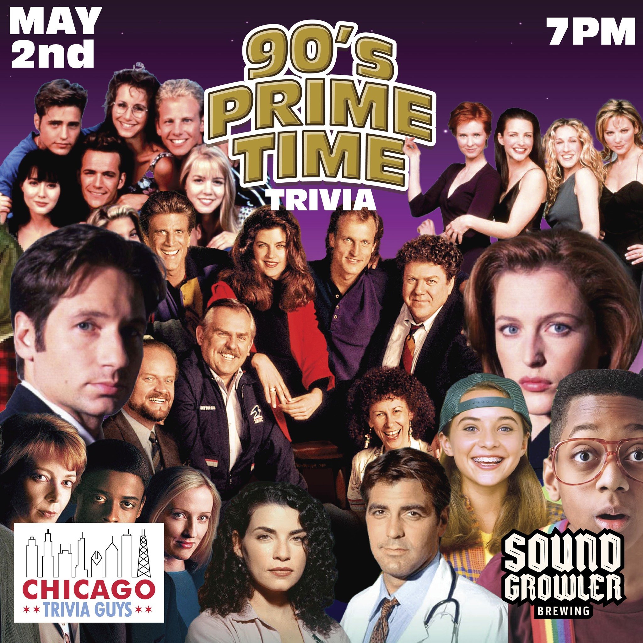 Calling all 90s TV aficionados! 📺 
Get ready to take a trip down memory lane with our 90s Primetime TV Trivia Night next Thursday, May 2nd at Soundgrowler Brewing! Join us at 7pm for a blast from the past as we quiz you on all your favorite shows fr