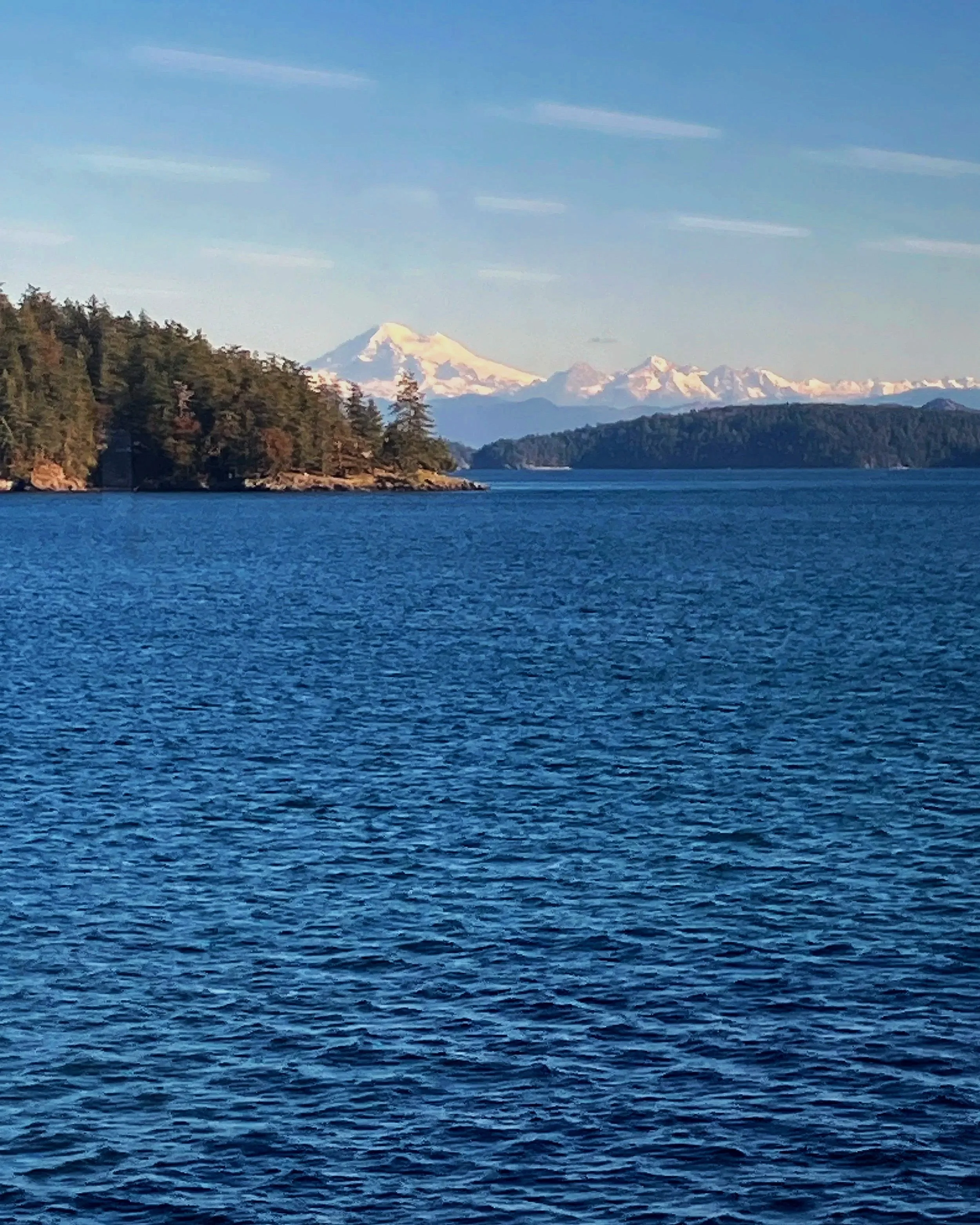 A body of water with a forested shoreline on the left and distant snowy mountain peaks in the background.