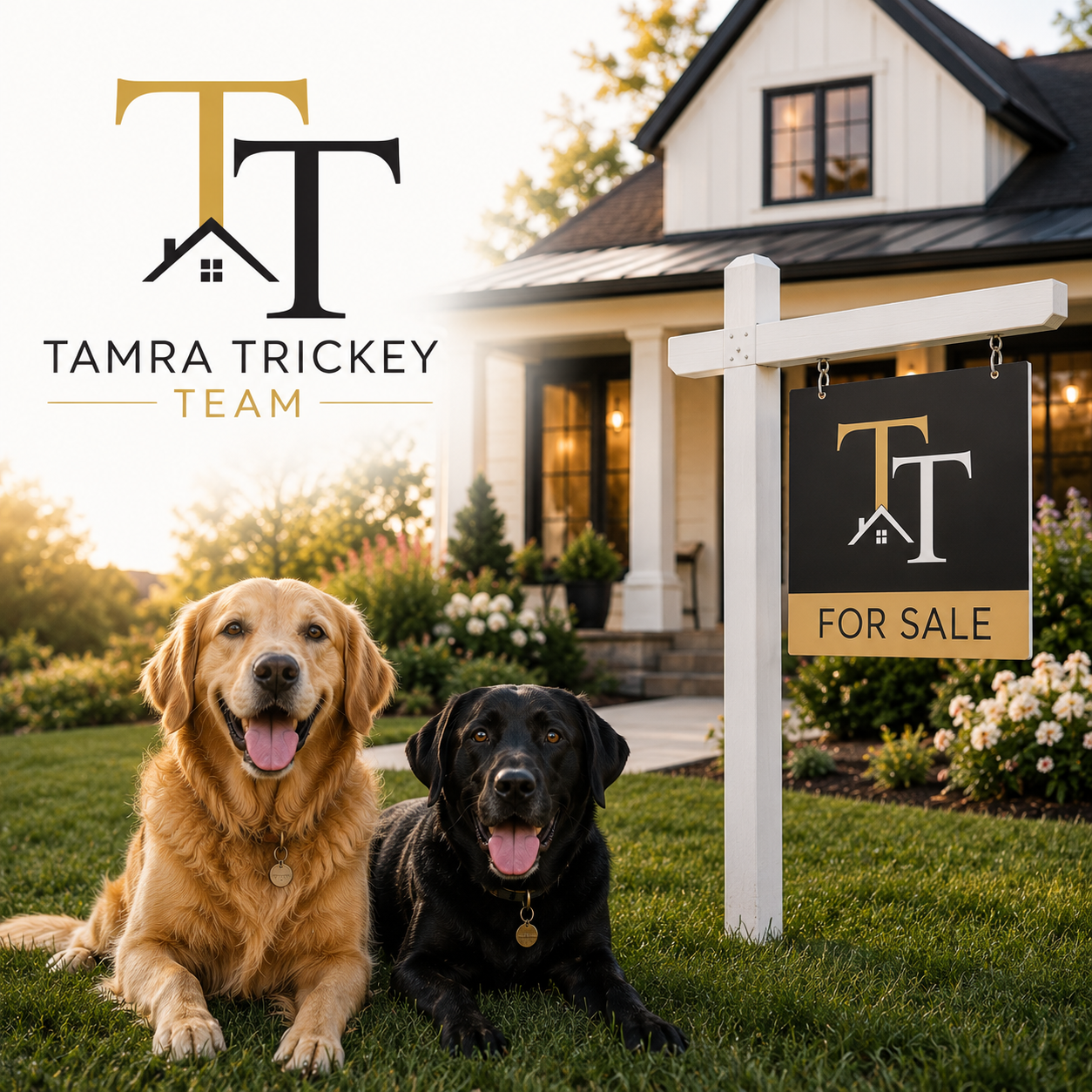 A real estate sign in front of a house with a lawn, flowers, and two happy dogs lying on the grass, during sunset.