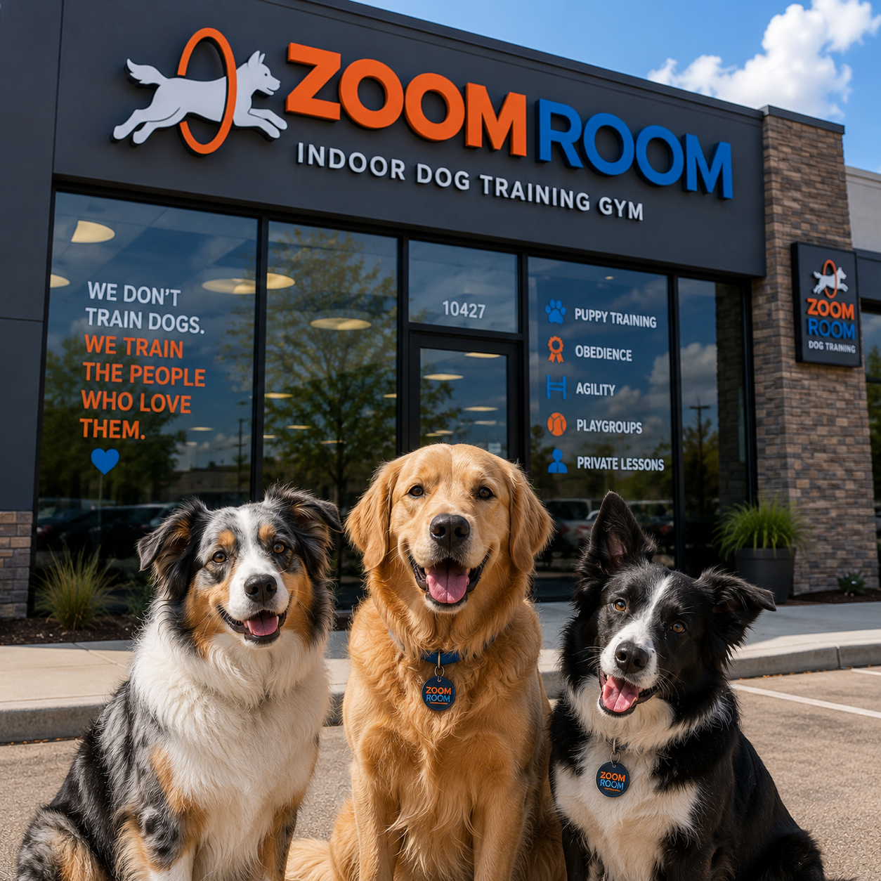 Exterior view of a dog training gym called Zoom Room with three happy dogs sitting in front. The storefront has large glass windows and a colorful logo with a cartoon dog running through a hoop. The dogs are a tricolor Australian Shepherd, a golden retriever, and a black and white border collie, all wearing Zoom Room tags.