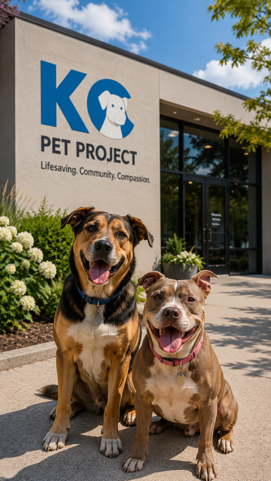 Two happy dogs sitting in front of a pet shelter with a sign that says "KO Pet Project" and the tagline "Lifesaving. Community. Compassion."
