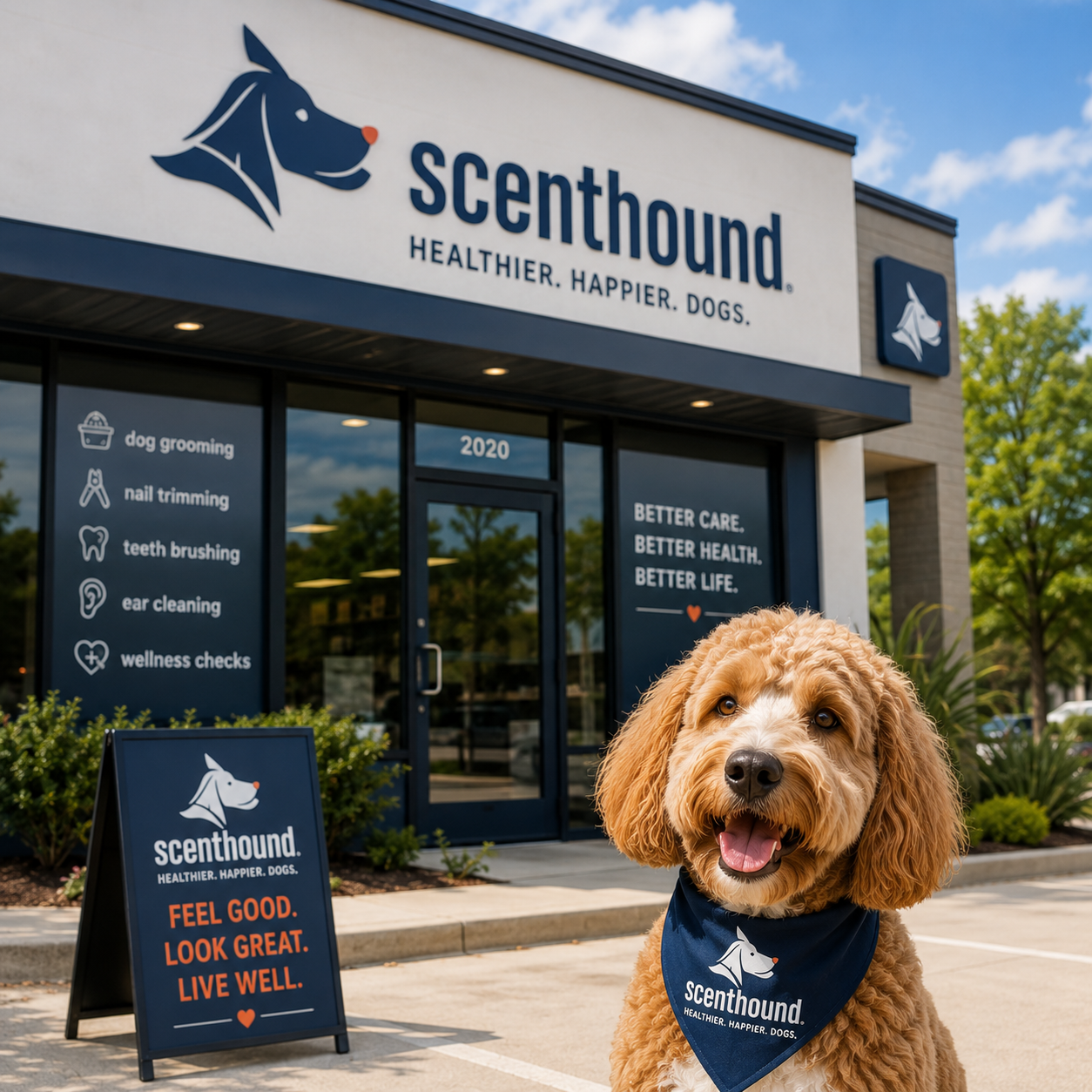 A goldendoodle dog wearing a blue bandana with the scenthound logo in front of a scenthound storefront with signs.