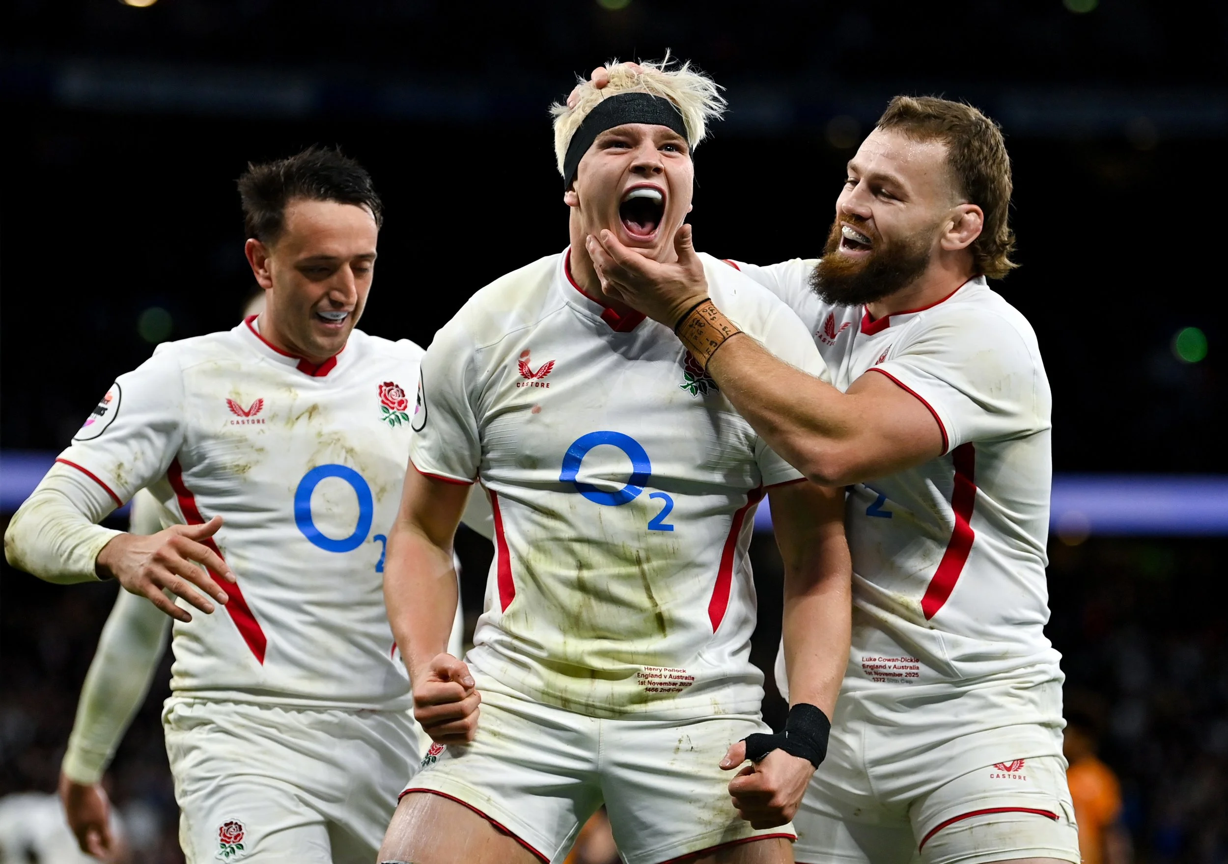  Henry Pollock of England celebrates scoring a try during the Quilter Nations Series 2025 rugby international match between England and Australia at Allianz Stadium on November 01, 2025 in London, England. Photo by Patrick Khachfe - RFU/The RFU Colle