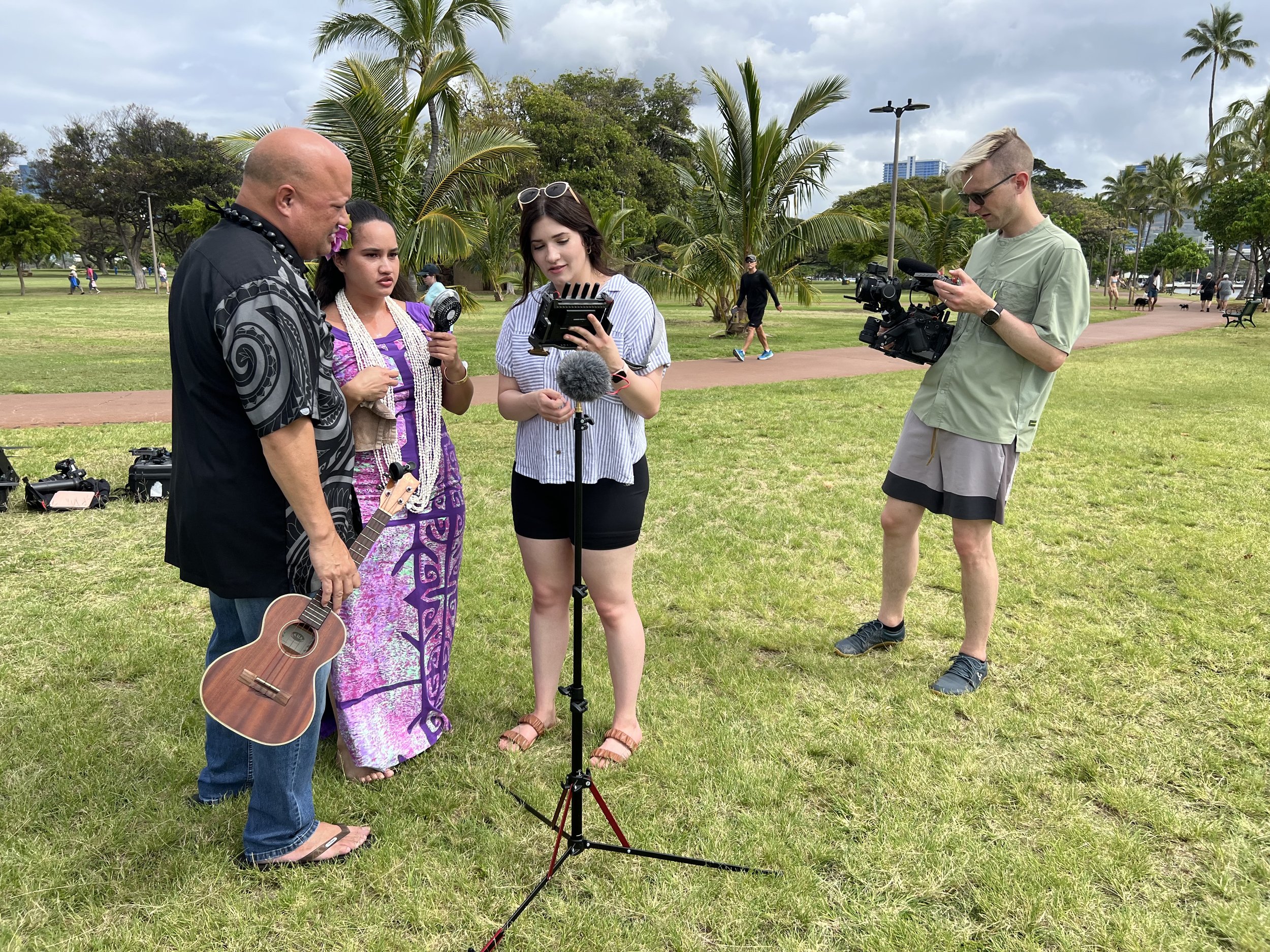 Behind the scenes: filming outdoors in a park in Hawaii for Priced Out of Paradise, directed by Annie and Sam Menendez