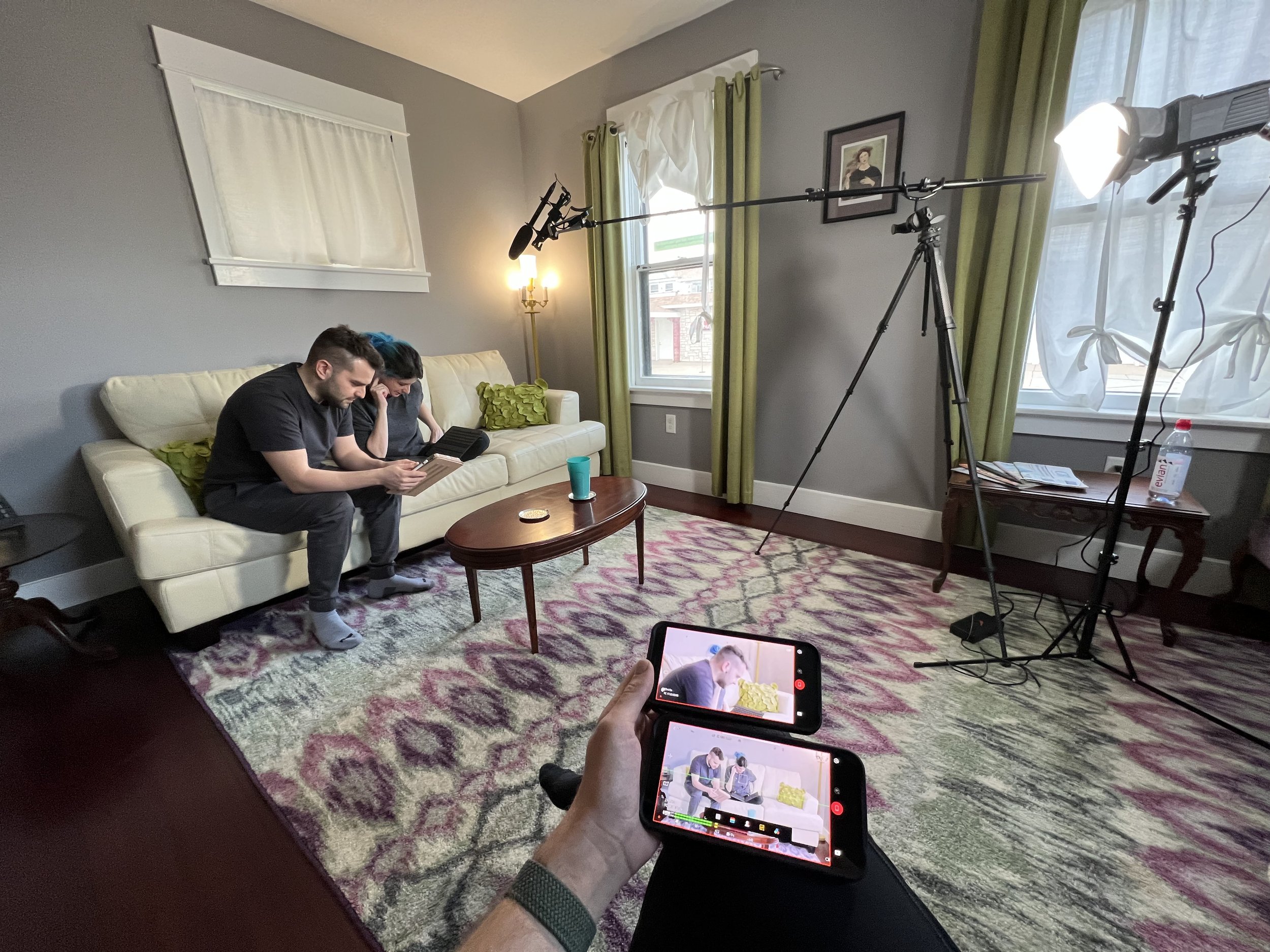 Behind the scenes: framing an interview shot in a living room for The Real Cost, a student debt documentary directed by Sam Menendez and produced by Annie Menendez