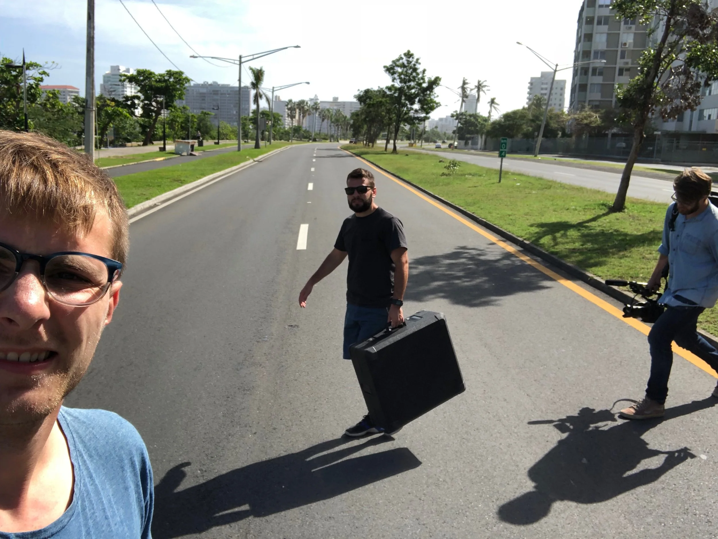 Behind the scenes: director Sam Menendez with Dane Christensen and Elias Jessop filming Hurricane Maria: Stories from the Storm in Puerto Rico, produced by Annie Menendez