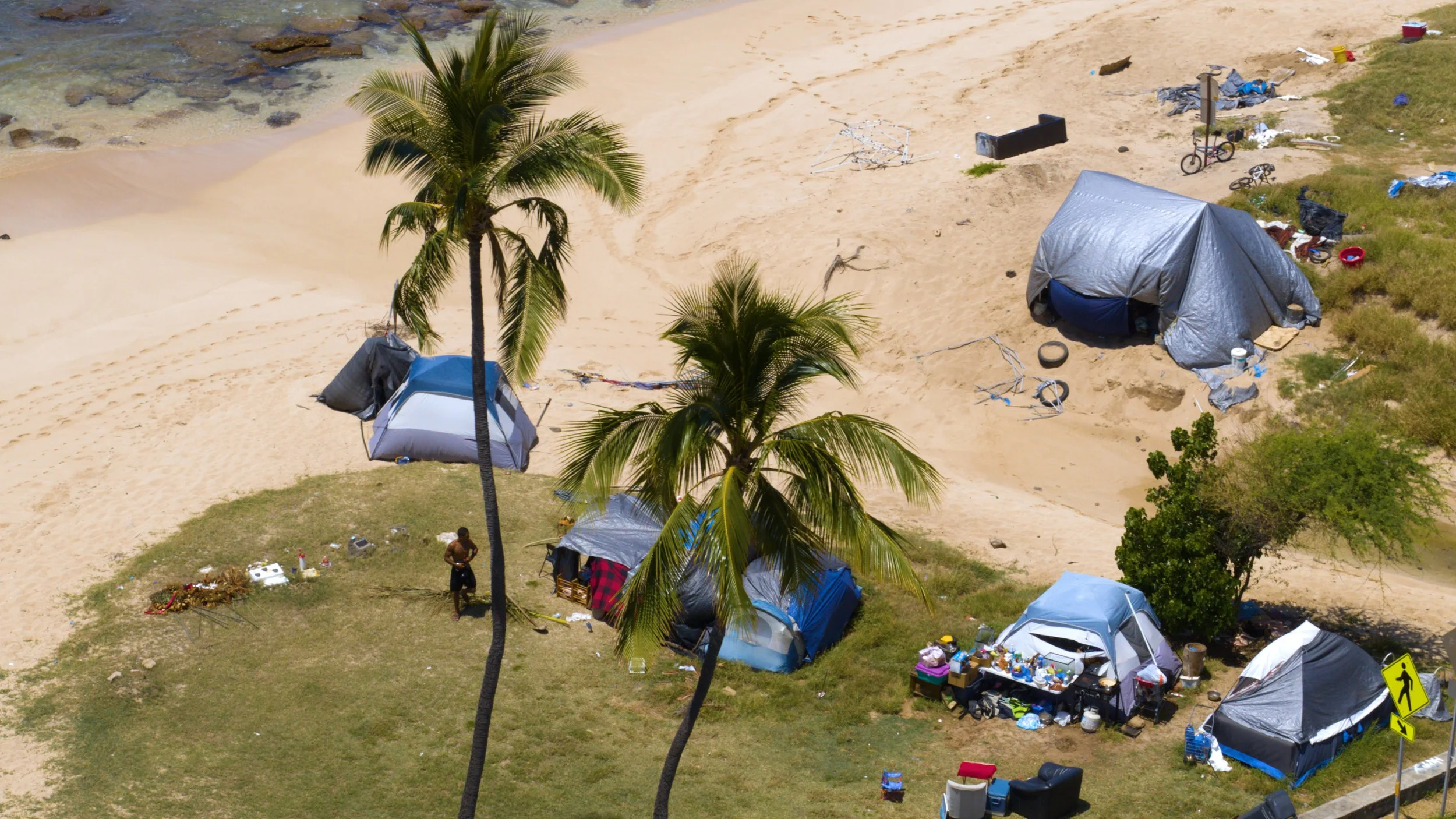 Tent encampment on a beach under palm trees in Hawaii. Still from Priced Out of Paradise, a Hawaii housing documentary directed by Annie and Sam Menendez