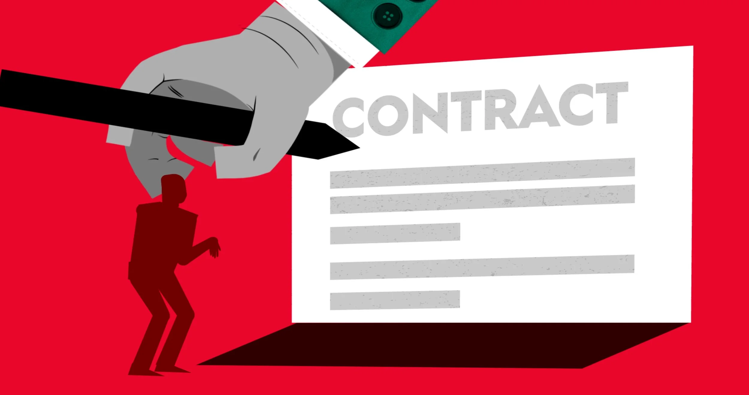 Animated illustration of a hand signing a student loan contract. Still from The Real Cost, a student debt documentary directed by Sam Menendez and produced by Annie Menendez