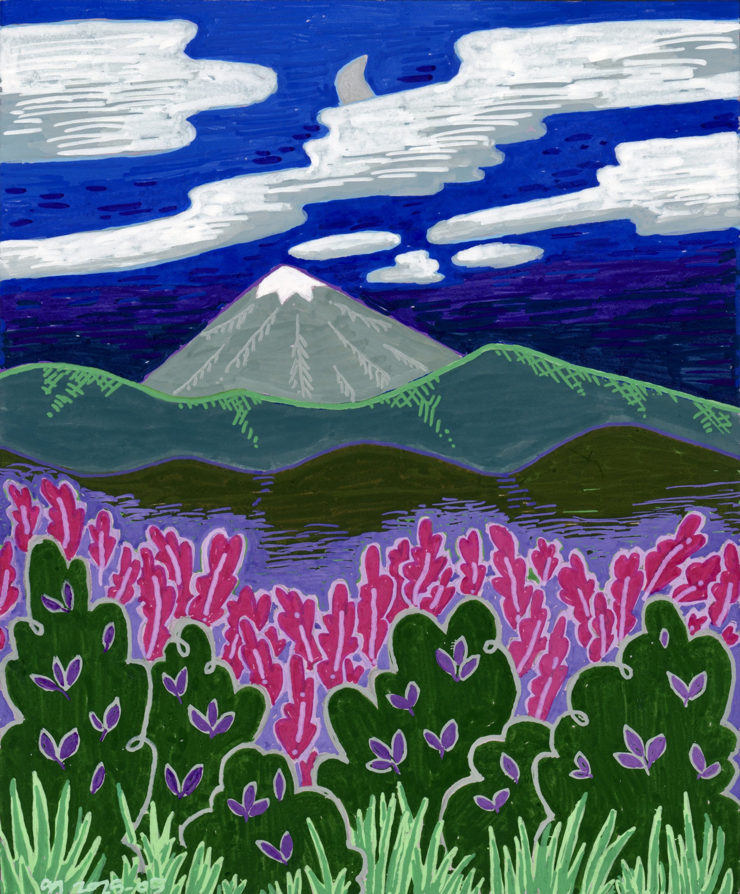 Night Mountain Crescent moon, acrylic markers