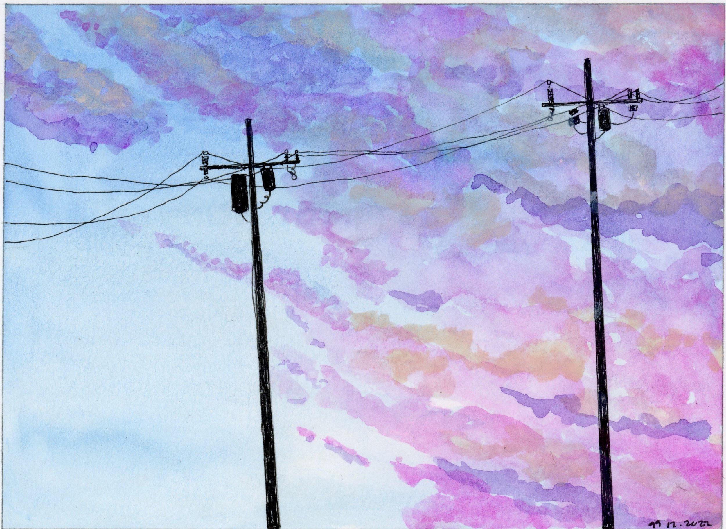 Sunrise Clouds & Power Poles - watercolor