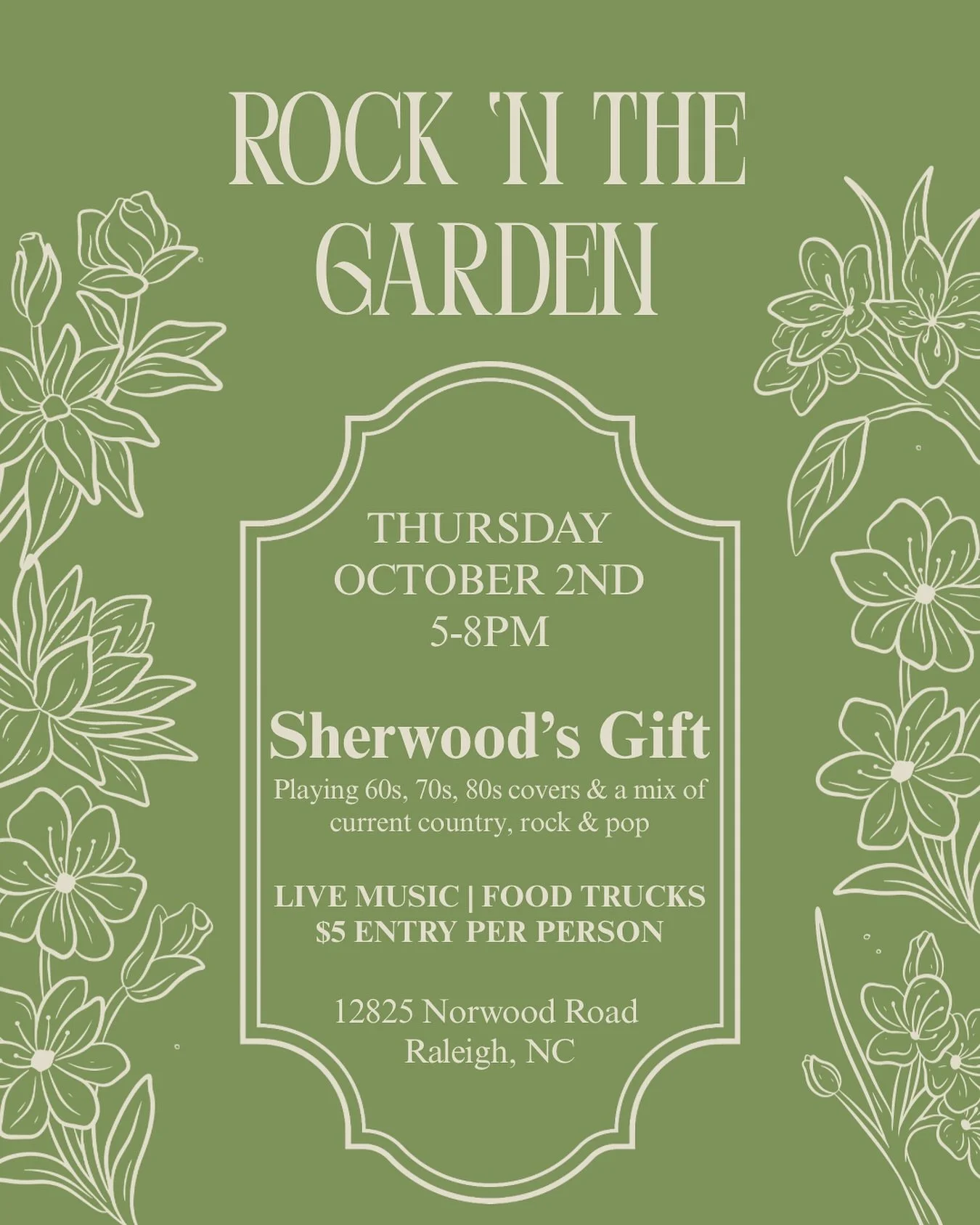 Join us this Thursday at Rock &lsquo;N The Garden for an evening of live music, local food trucks, and community fun🎶 

&bull;October 2nd | 5&ndash;8 PM
&bull;$5 entry per person (kids 3 &amp; under free)
&bull;Food + Drinks available for purchase
&