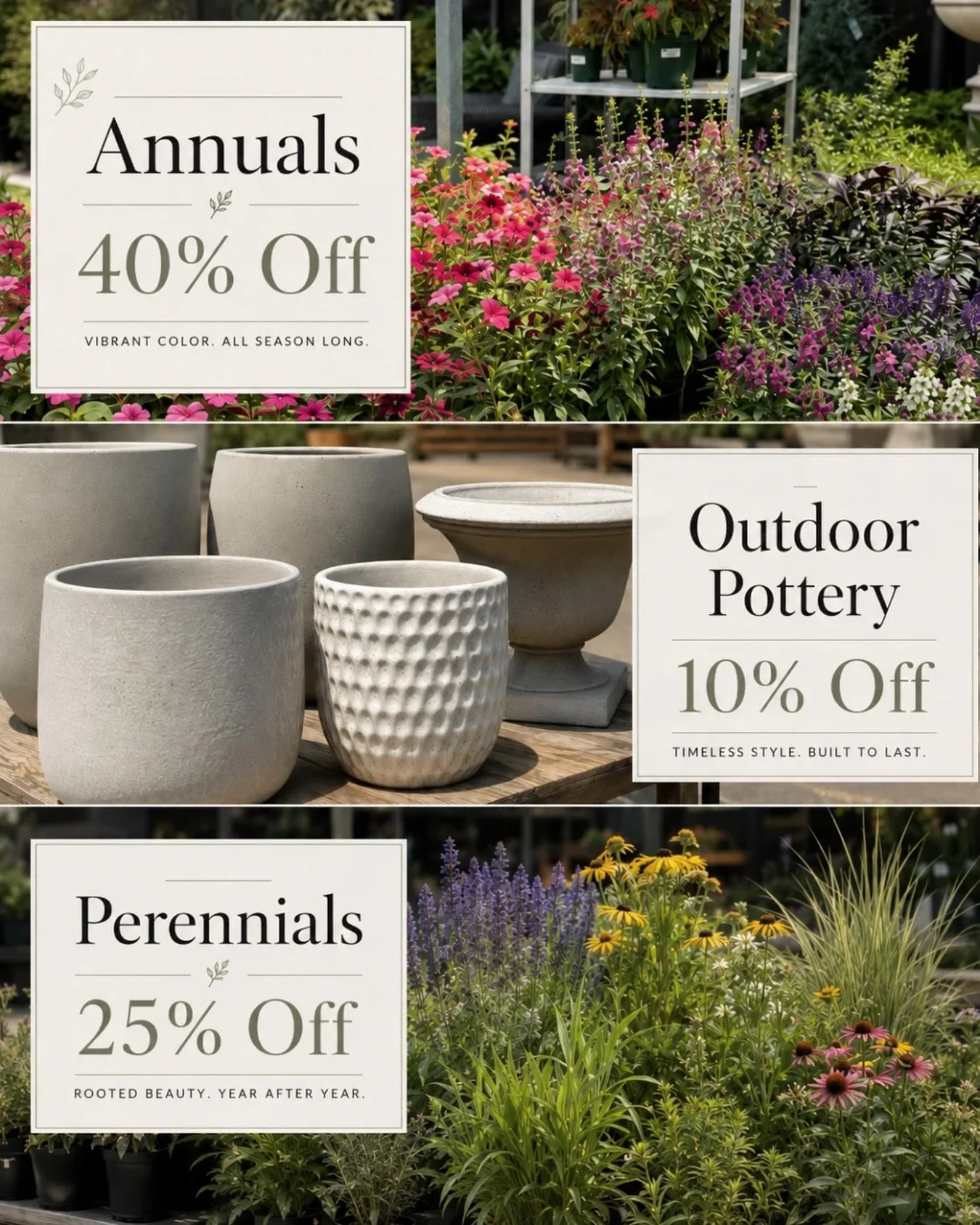 ☀️ SUMMER SALE IS HERE STARTING FRIDAY JUNE 6th ☀️

It&rsquo;s the perfect time to refresh your landscape and garden!

🌸 Annuals &ndash; 40% OFF
🌿 Perennials &ndash; 25% OFF
🏺 Outdoor Pottery &ndash; 10% OFF

Whether you&rsquo;re filling container