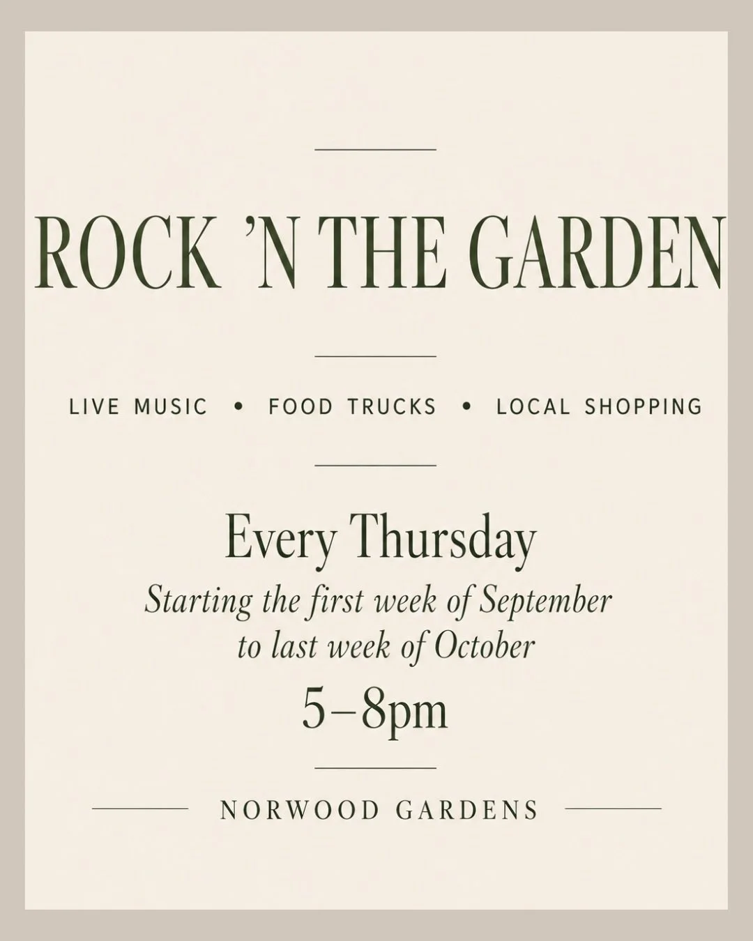 Fall nights at Norwood Gardens are BACK 🍂🎸

We&rsquo;ve got an incredible lineup of live music + local food trucks headed your way every Thursday this September &amp; October! $5 entry fee per person at the gate! Kids 3 and under are FREE!

🎶 Musi
