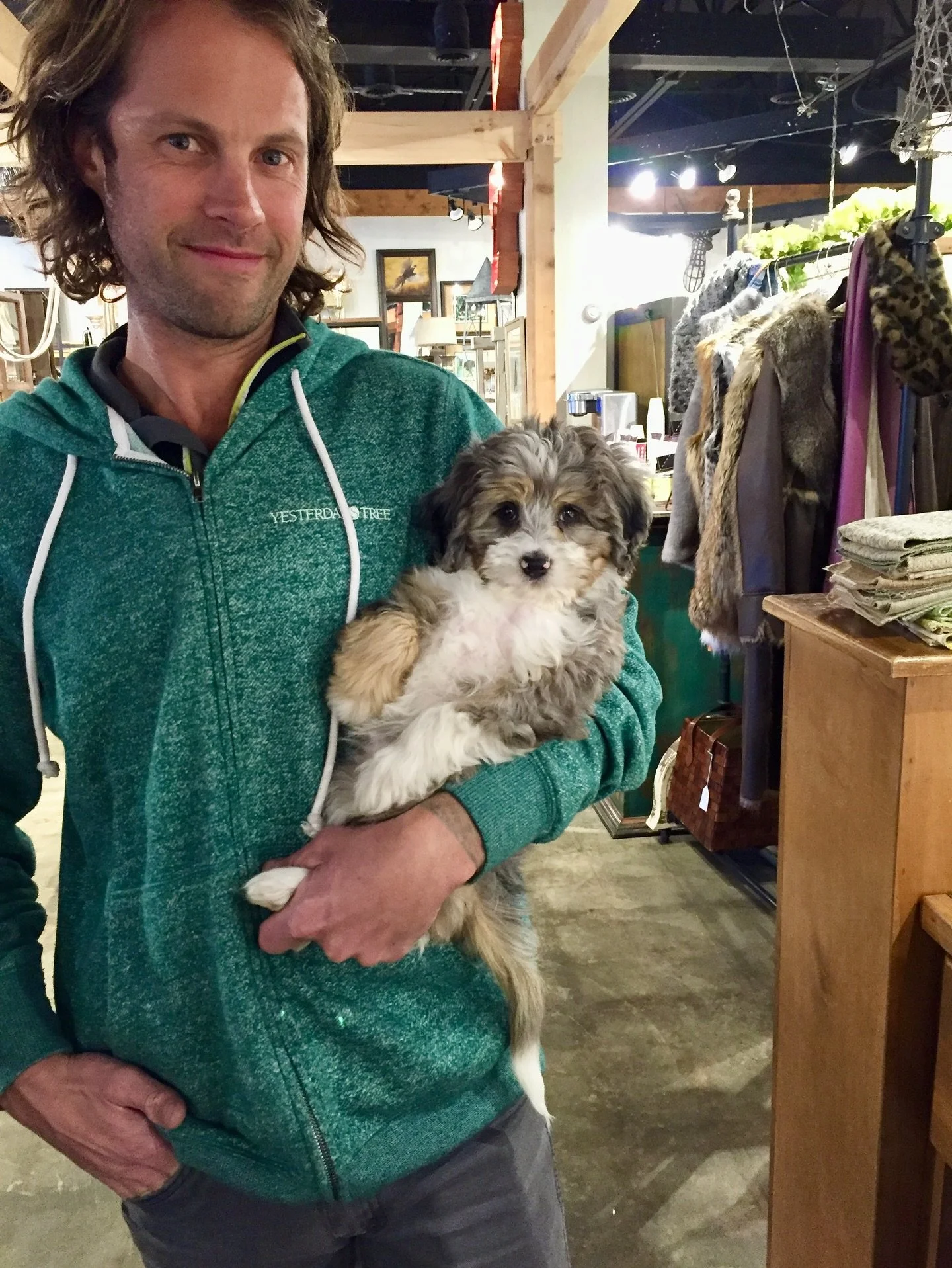 Our sweet Maggie is 10 years old today! The best shop dog since day 1 💕 These pictures were taken in the same place in our store. Swipe 👉 Do you remember us in 2015?