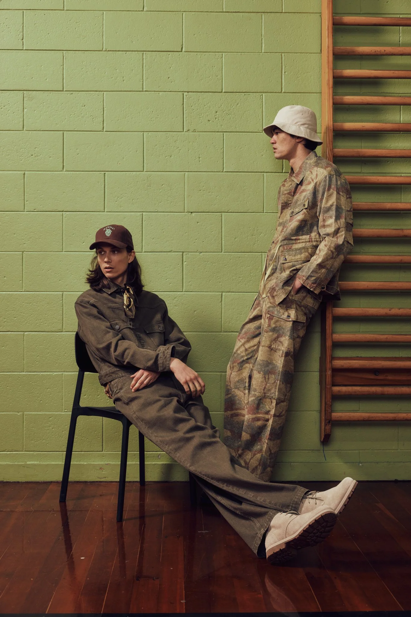 Green-forest-denim-suit-set-jacket-trucker-garment-dye-cropped-jeans-baggy-wide-leg-vintage-cap-logo-mens-the-landing-camo-army-camoflage-lookbook-ss26.jpg