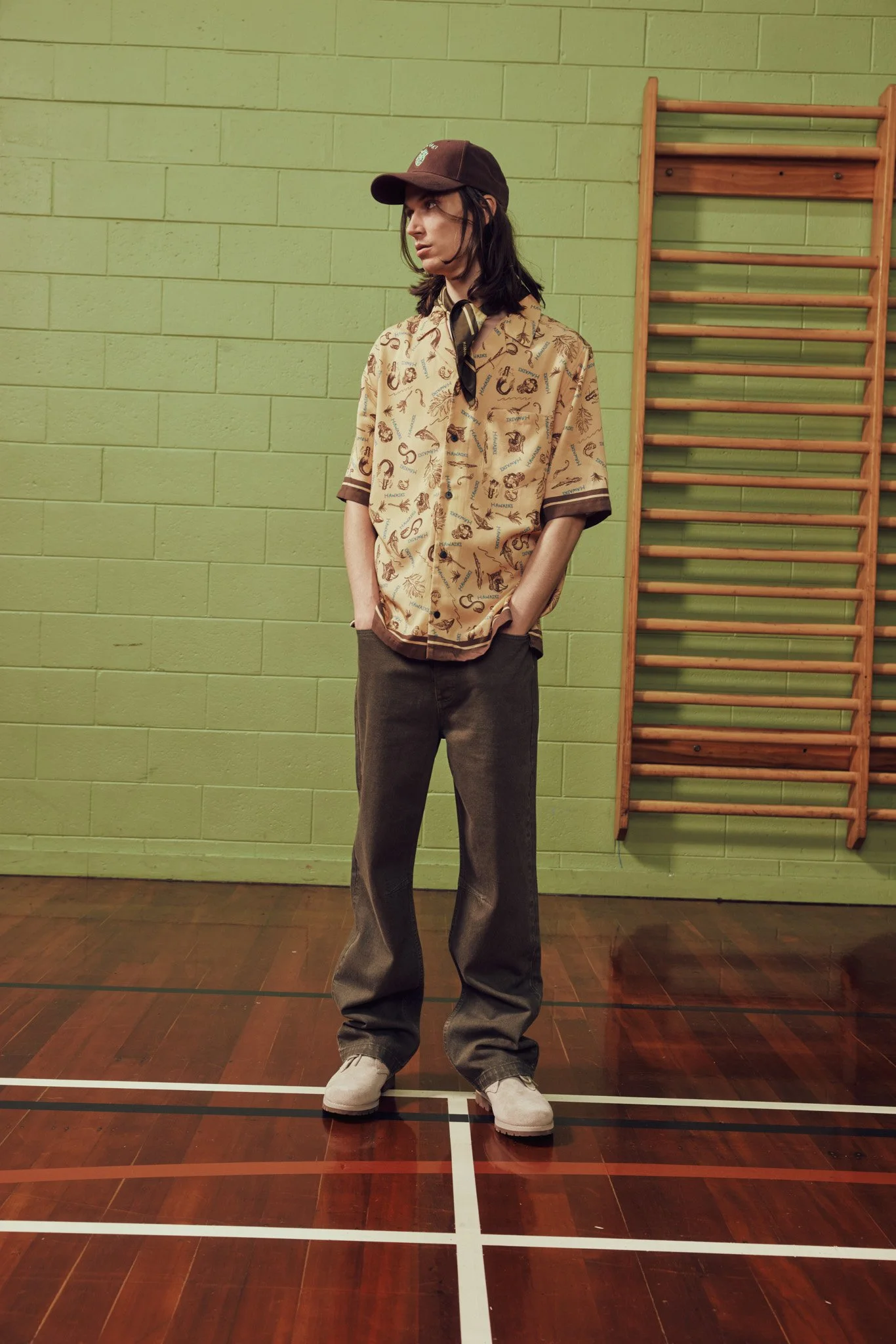 Tan-brown-camp-collar-shirt-print-nautical-lyocell-denim-green-garment-dye-wide-fit-baggy-jeans-cap-logo-mens-the-landing-lookbook-ss26.jpg