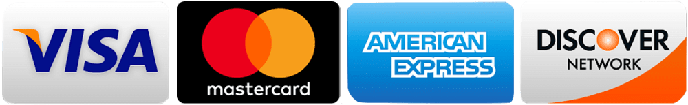 Four credit card logos: Visa, Mastercard, American Express, and Discover Network.