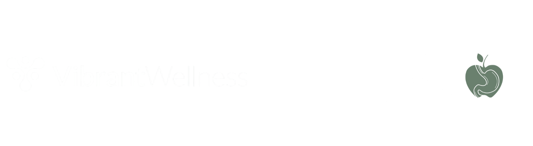The logo features the text 'Vibrant Wellness & Gut Well Medical' with a stylized apple and gut illustration on either side.