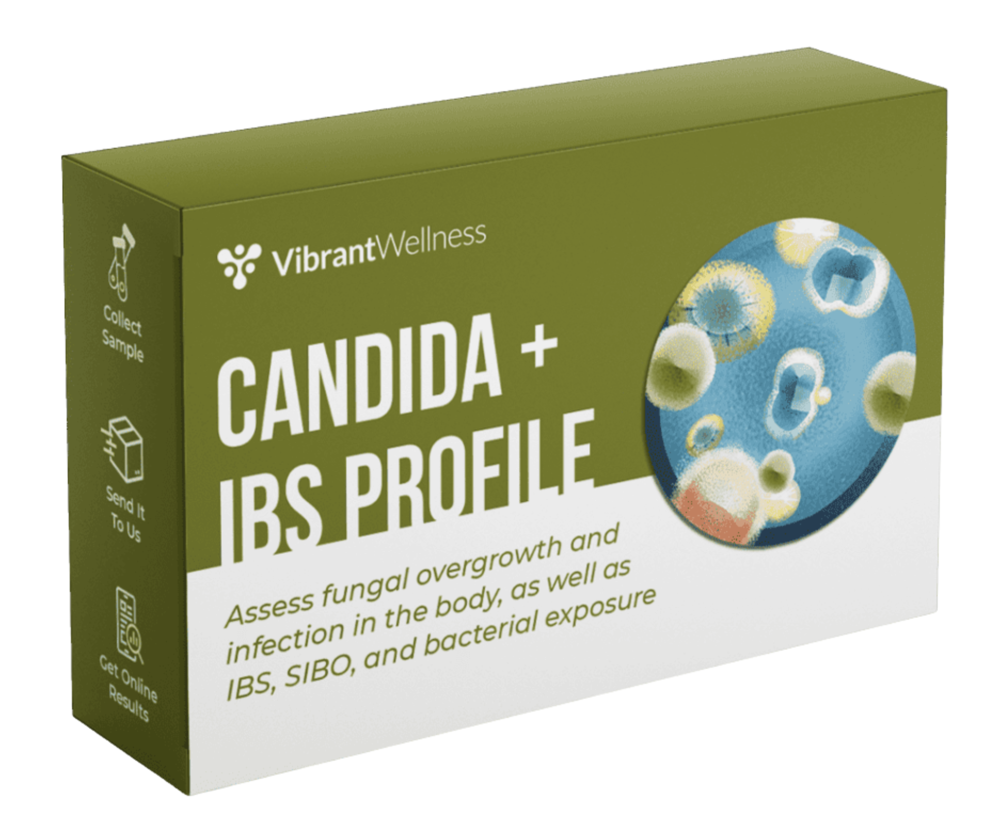 Green box packaging for a Candida and IBS profile test with a circular graphic of microscopic fungi or bacteria and instructions to collect a sample, send it, and get results.