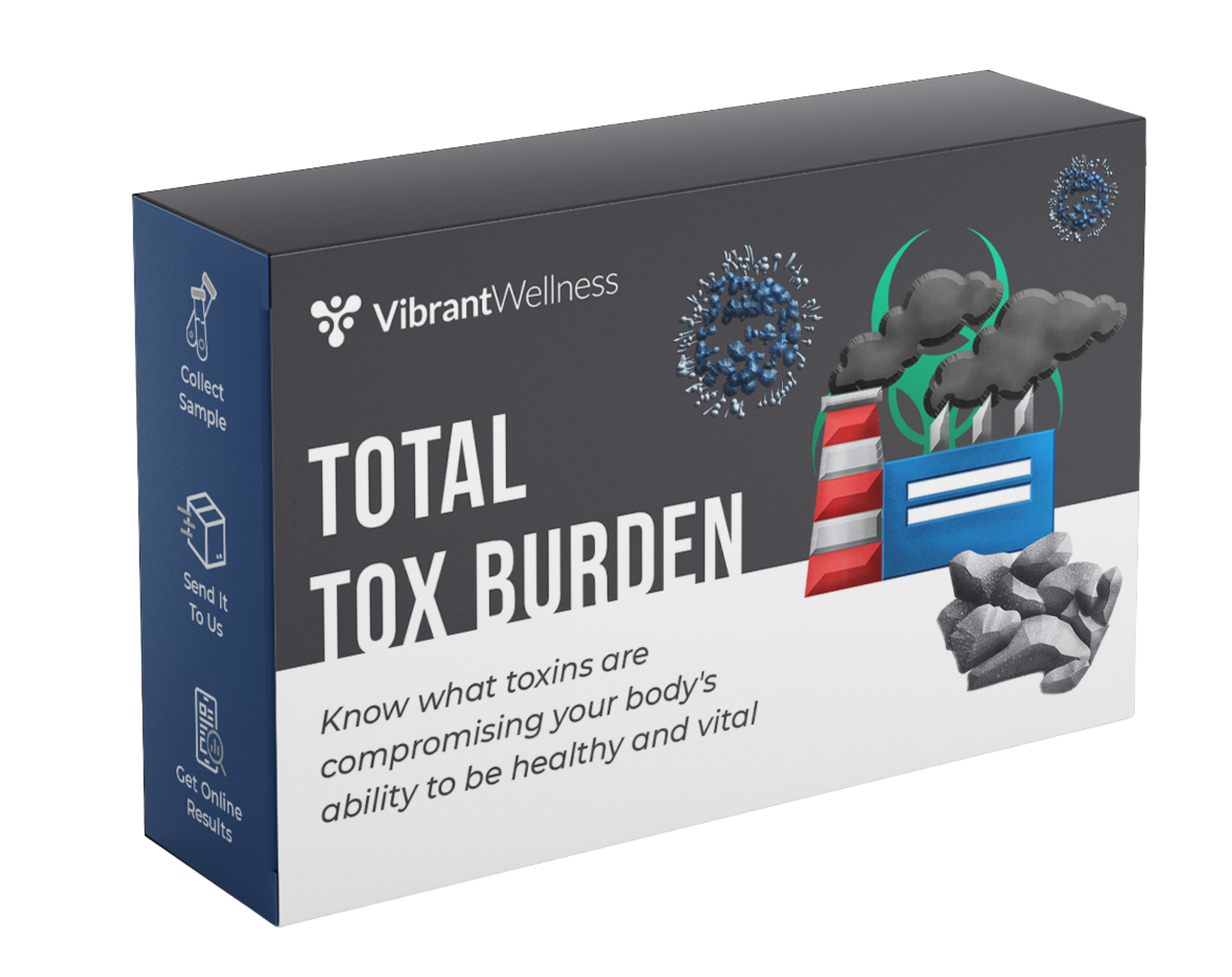 A product box labeled 'Total Tox Burden' by Vibrant Wellness, with a purpose to identify toxins affecting health, featuring illustrations of factory smoke, pollution, and harmful particles.