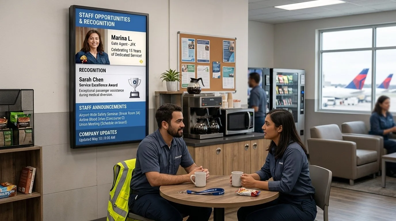Digital signage for transit operations displaying employee updates, recognition, and workplace information