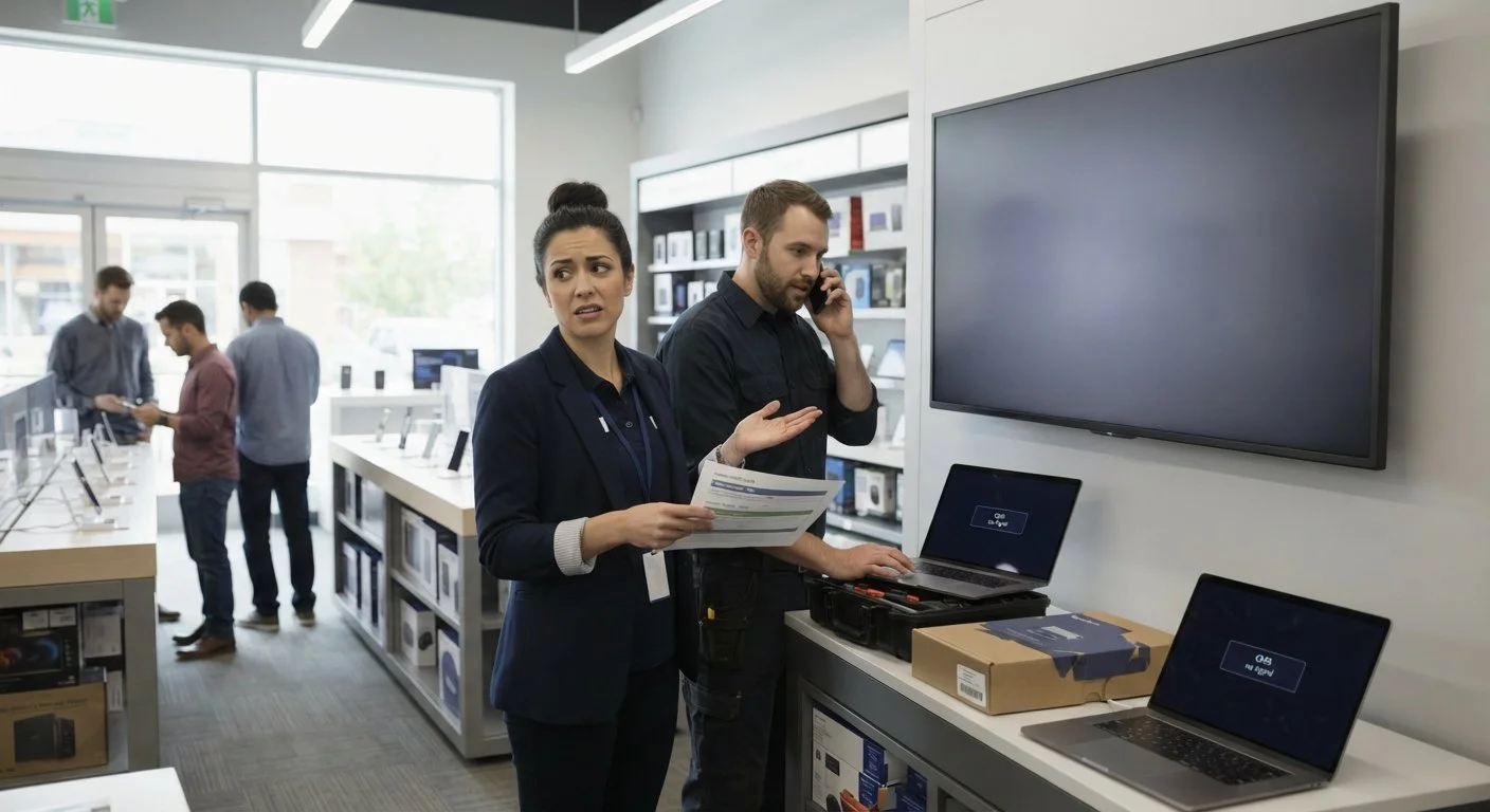 Retail store employees reviewing a blank digital signage screen and laptops during a post-installation content void issue.