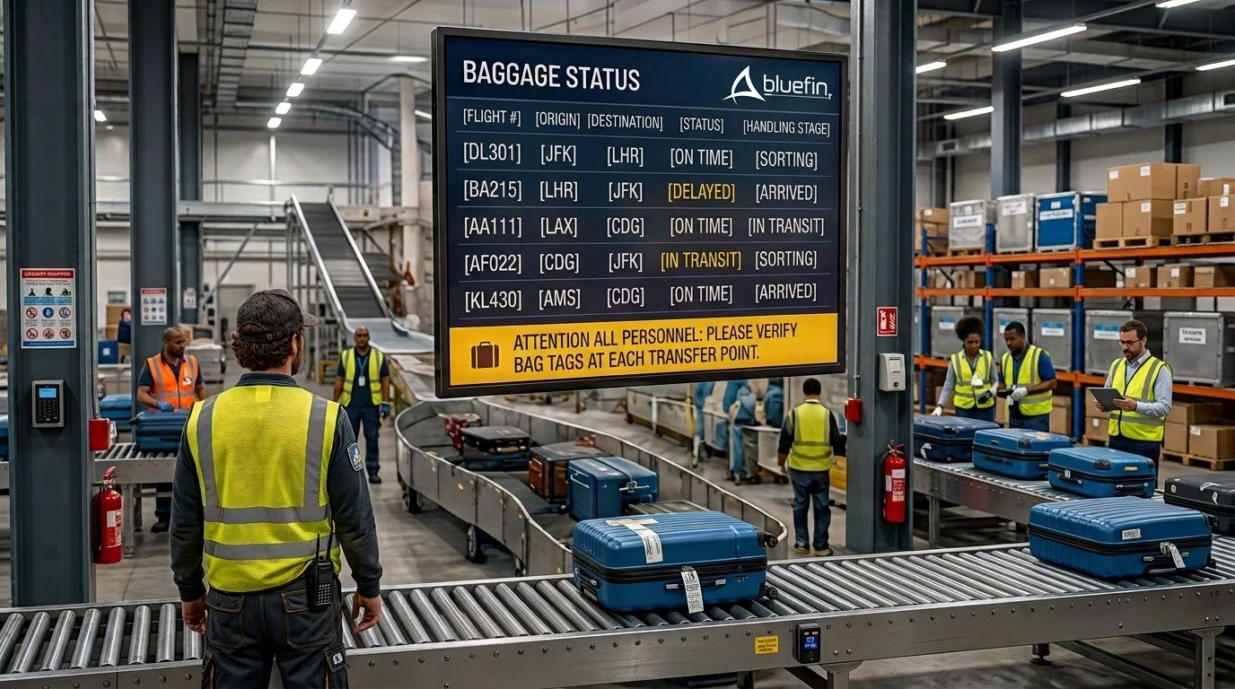 Airport digital signage showing real-time baggage status and flight routing information for baggage operations