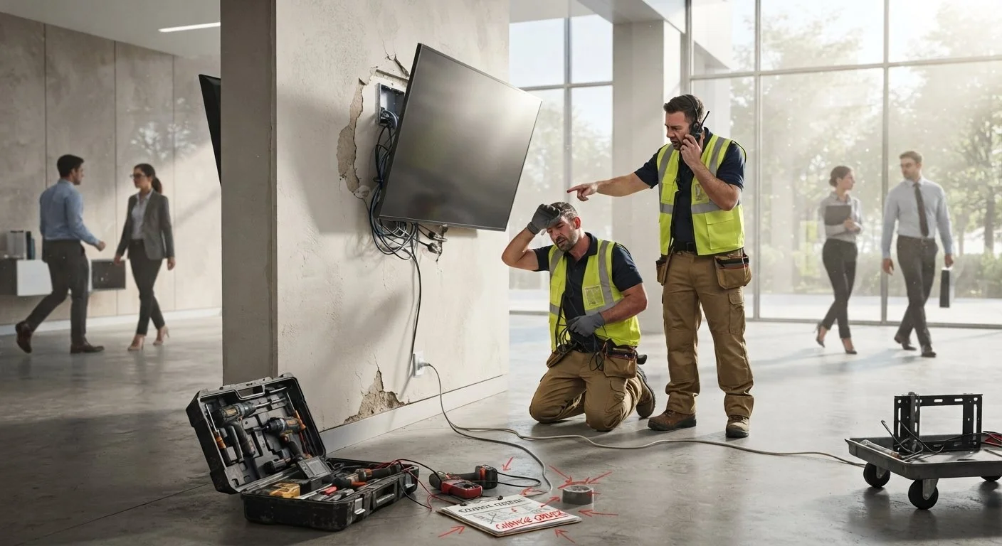 AV technicians inspecting a loose, poorly installed digital signage wall mount during an expensive return visit.