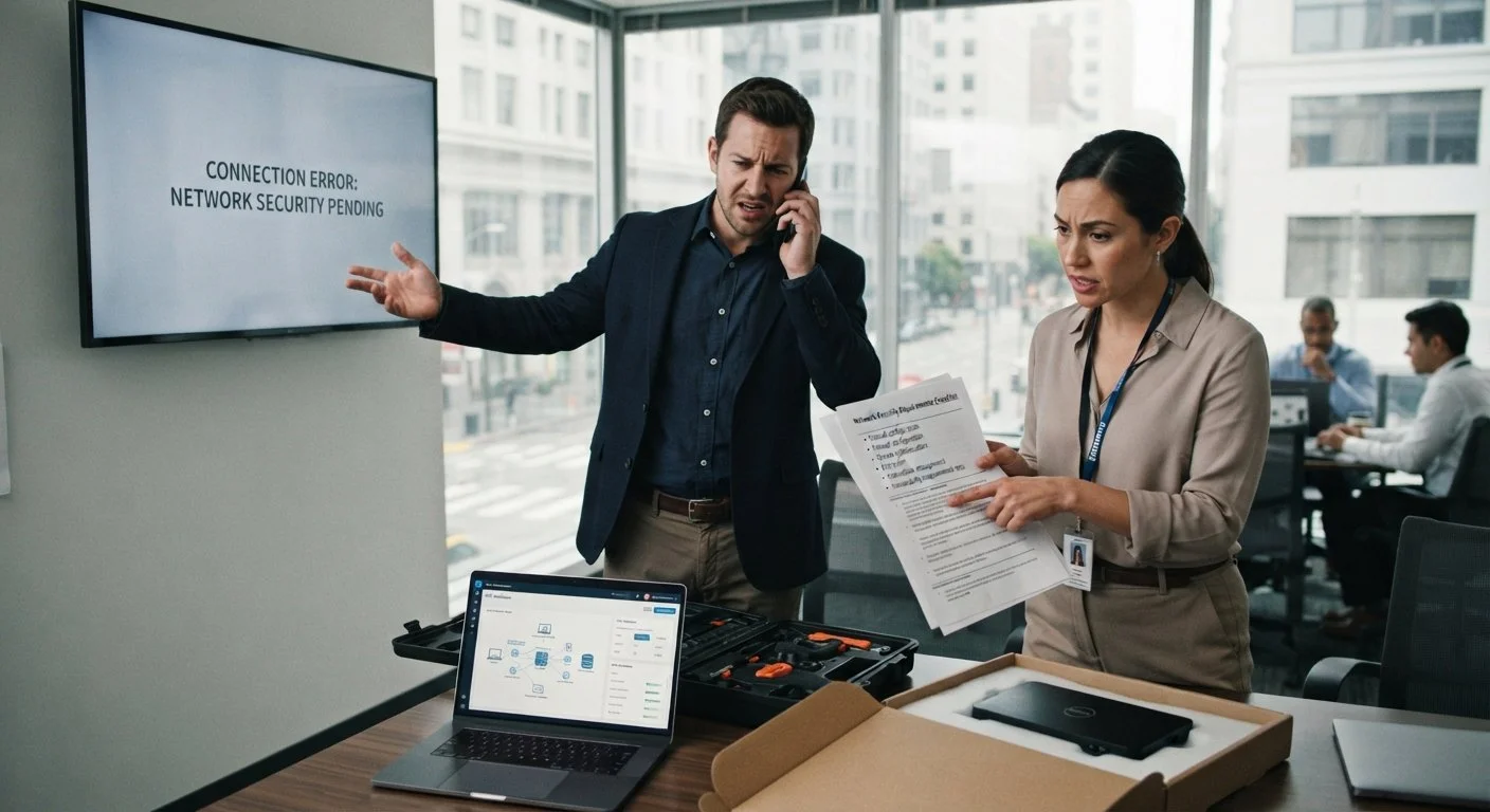 Corporate IT professionals reviewing a digital signage screen displaying a "Connection Error: Network Security Pending" message.