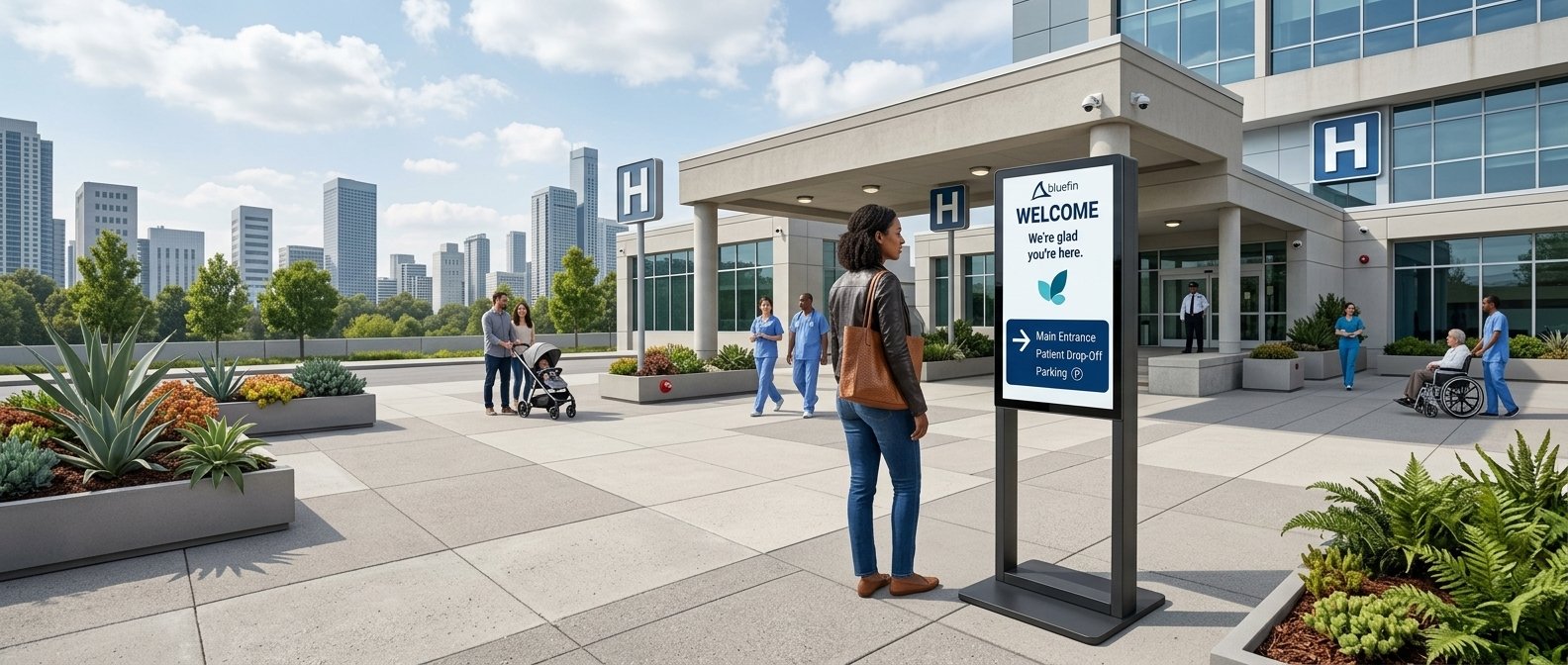 Bluefin outdoor digital signage kiosk displaying welcome messaging and entrance guidance outside a modern hospital building.