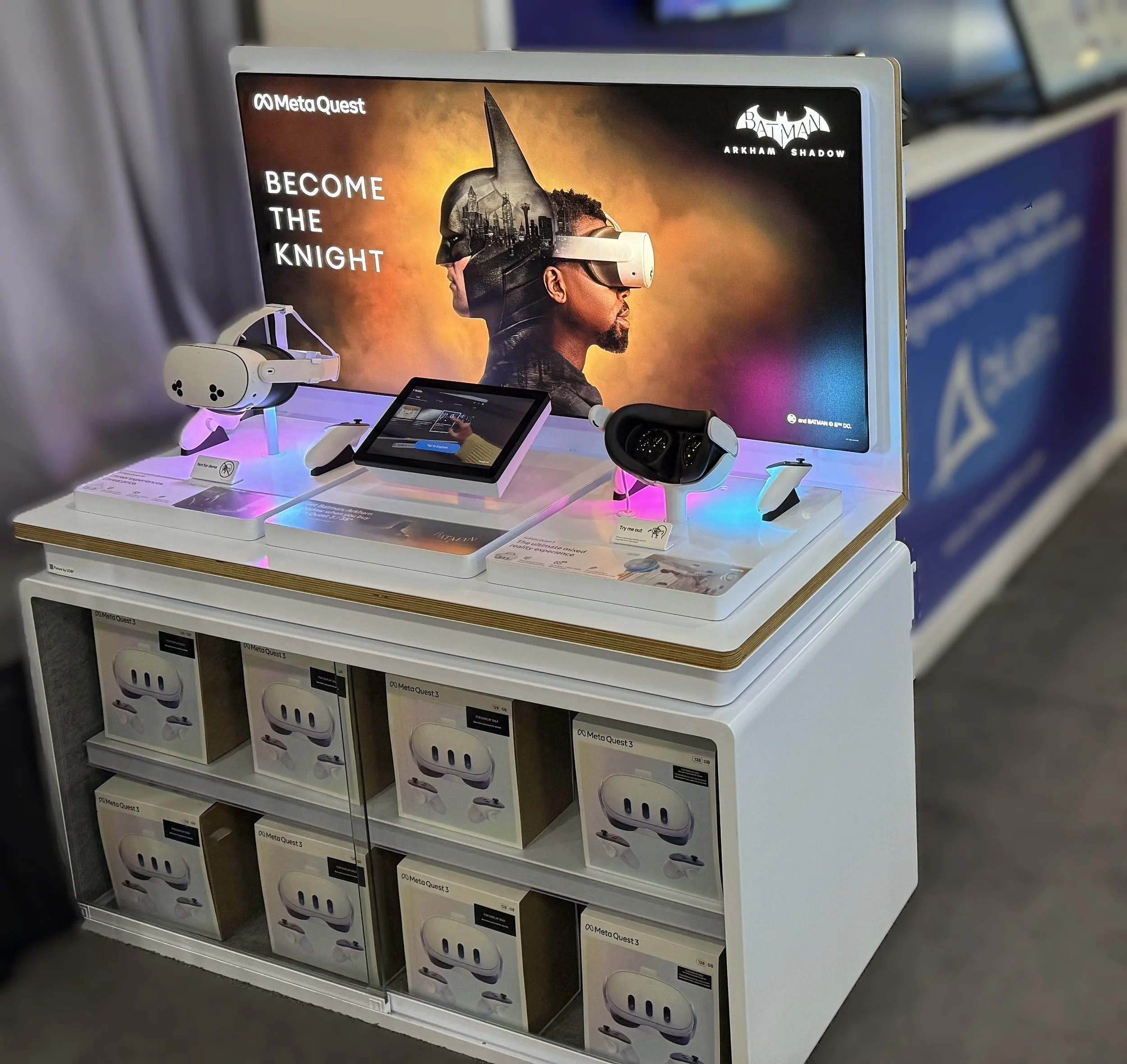 Bluefin commercial digital signage display with a Meta Quest retail setup for remote management