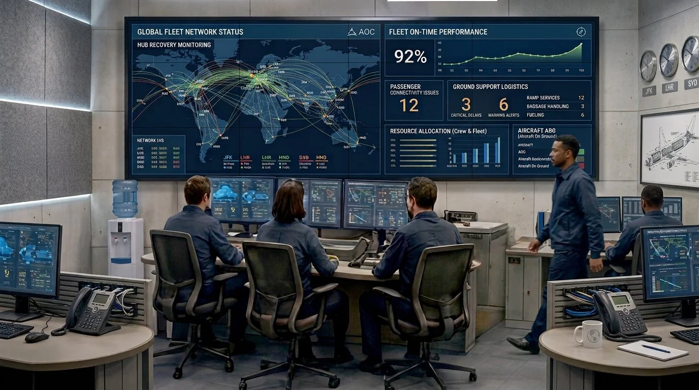 Infographic listing key questions project teams should ask before selecting commercial display hardware, alongside a control room setup with large global fleet status monitors.