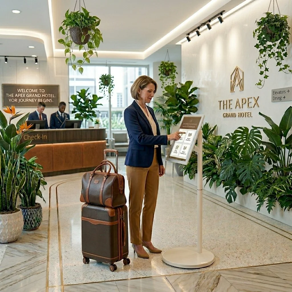A business woman with luggage interacts with a cord-free digital kiosk