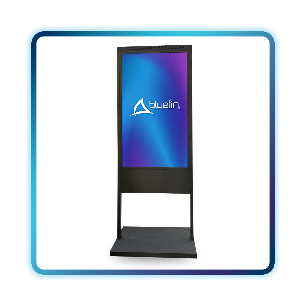 Floor-standing dual-sided digital signage kiosk for high-traffic hubs.