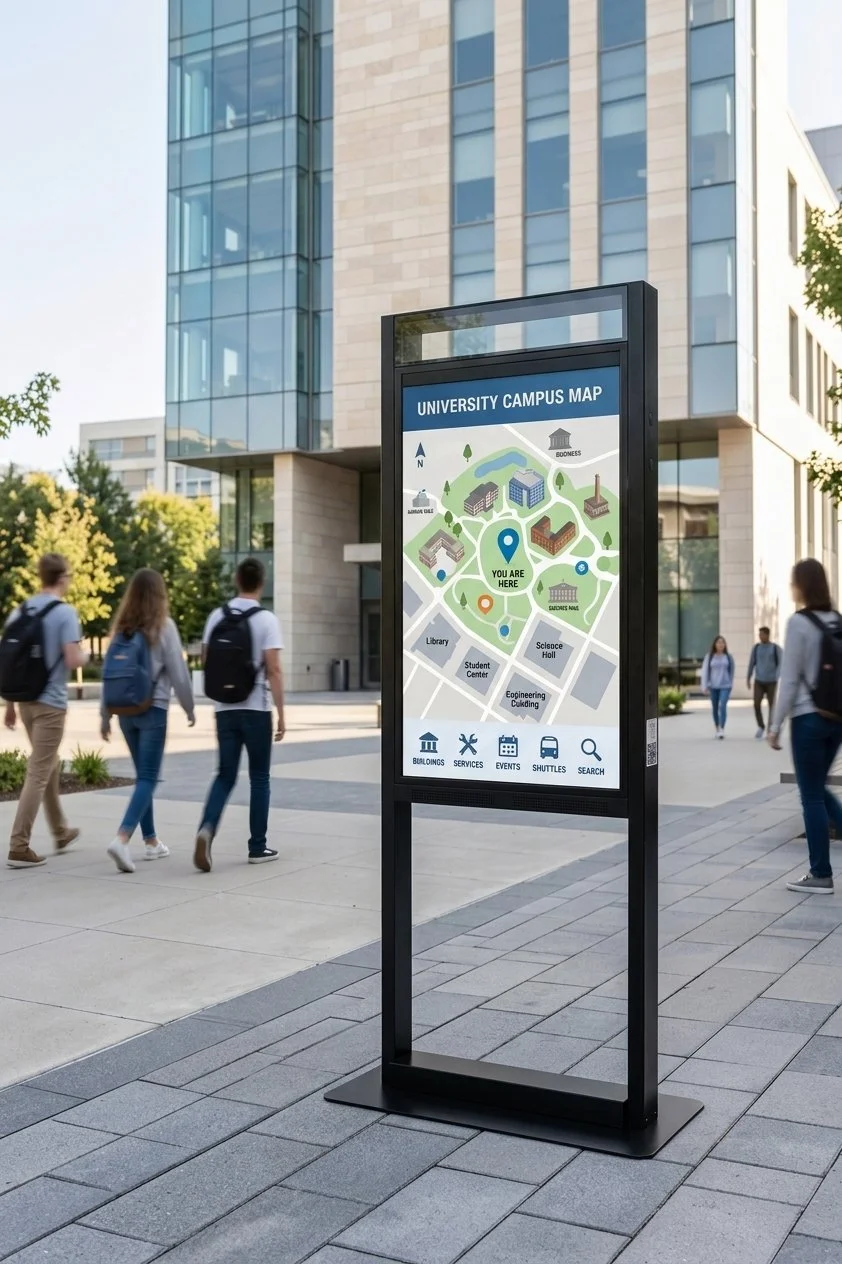 Outdoor digital wayfinding kiosk displaying an interactive university campus map outside an academic building as students walk by.