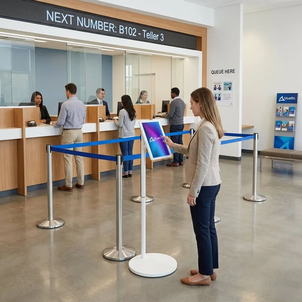 A woman interacting with a sleek, low-profile digital kiosk