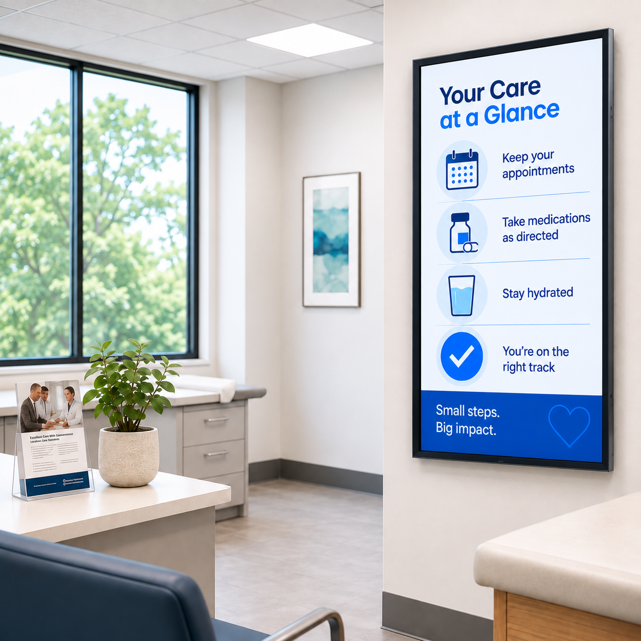 Bluefin wall-mounted digital display in a doctor's examination room showing a patient education dashboard.