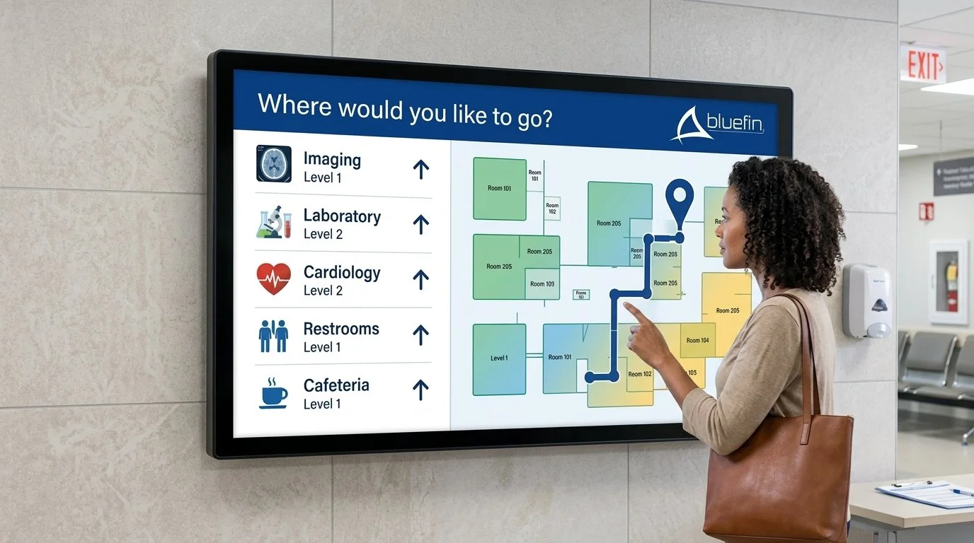 Bluefin wall-mounted interactive touchscreen display showing a hospital wayfinding directory map in a healthcare facility hallway.