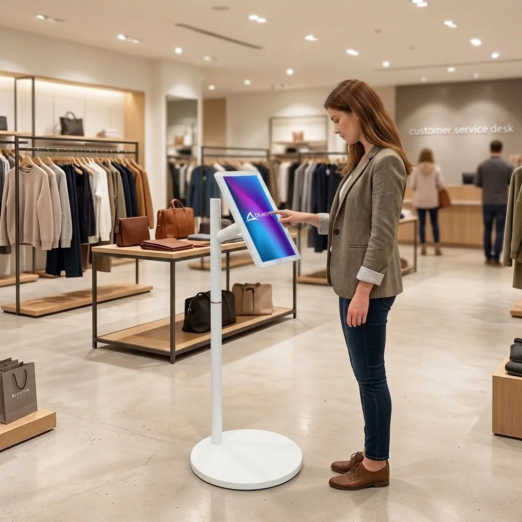 Portable 13.3-inch digital display stand being used by a customer in a retail setting.