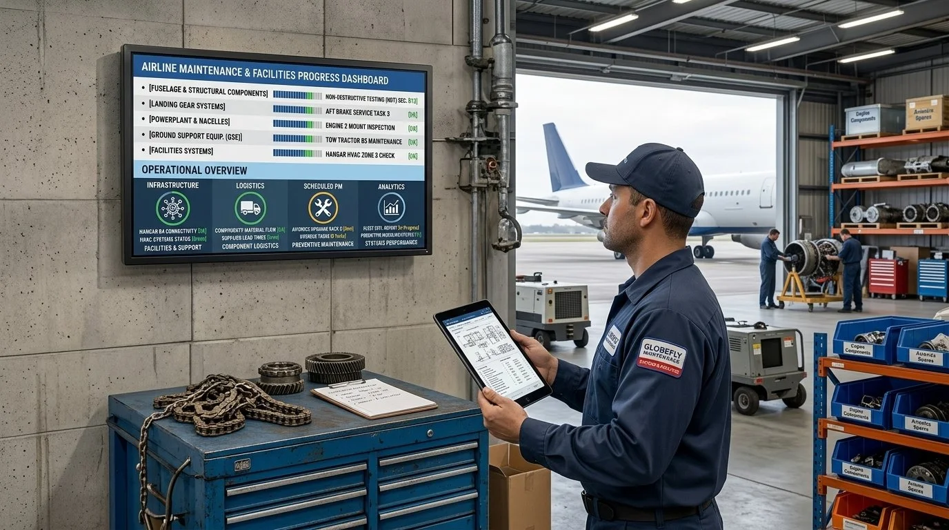 Bluefin commercial digital signage display showing an airline maintenance dashboard mounted on a warehouse wall next to an aviation technician.