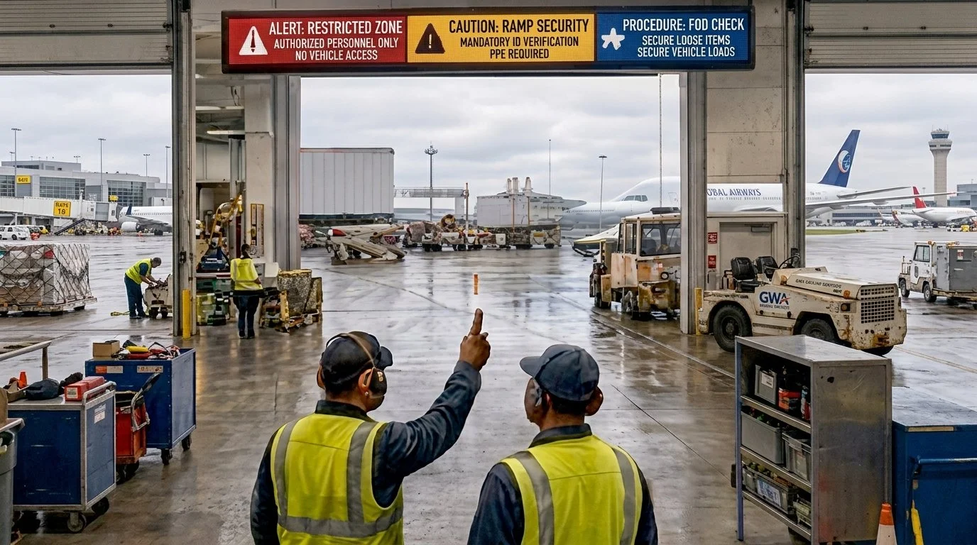 Digital signage displaying safety information and ramp security protocols above an airport hangar bay where logistics workers are coordinating operations.